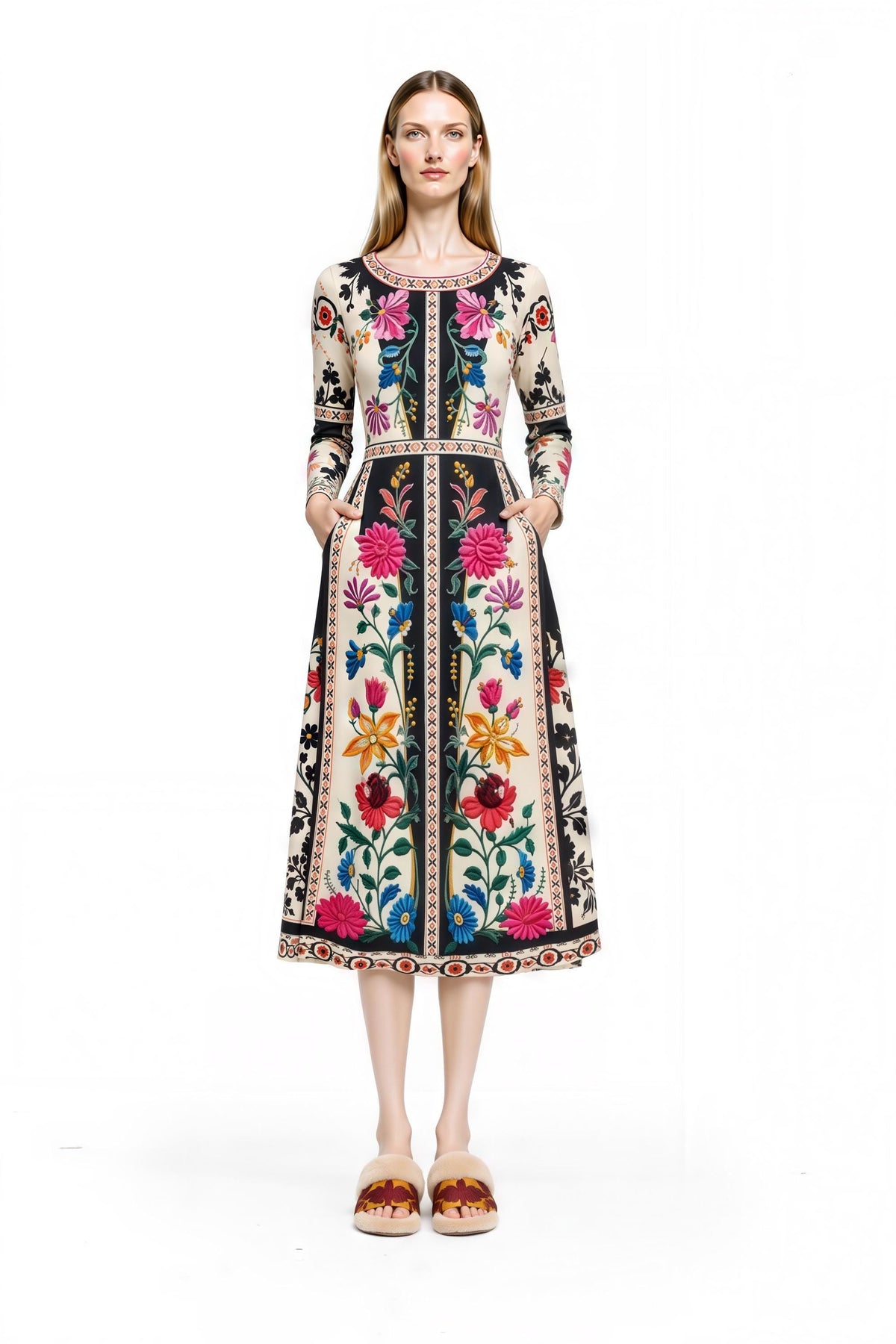 A front-facing view of a model in the patterned midi dress with her hands resting in the dress pockets against a white backdrop.