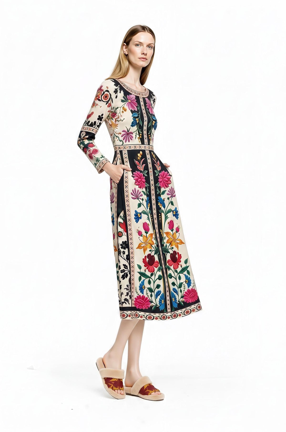 A model angled slightly to the right in the floral embroidered midi dress, with one hand placed inside a side pocket.
