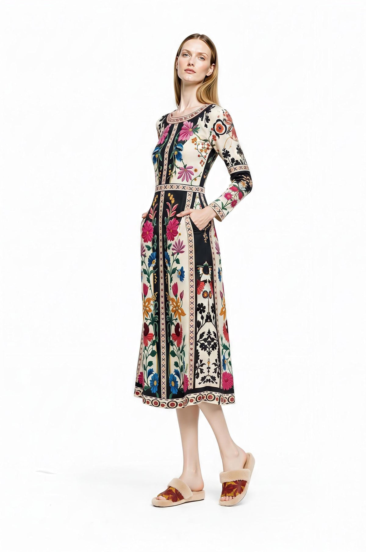 A model standing at a three-quarters angle with both hands in the side pockets of the ivory floral midi dress.