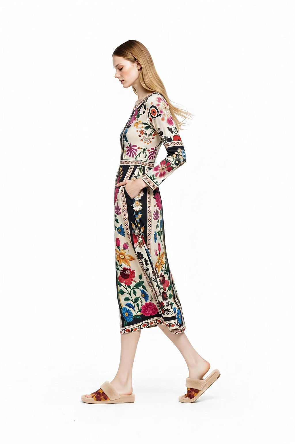 A model walking in profile from left to right, wearing the long-sleeve floral midi dress and slip-on fuzzy sandals.