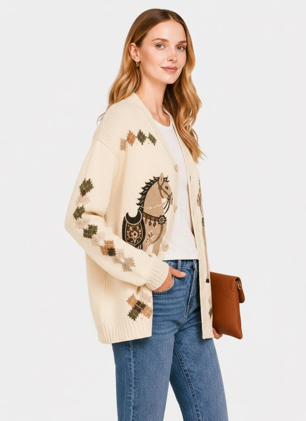 Blue Horse Knit Cardigan, Western Button Front Sweater, Ribbed Fall Layering Top
