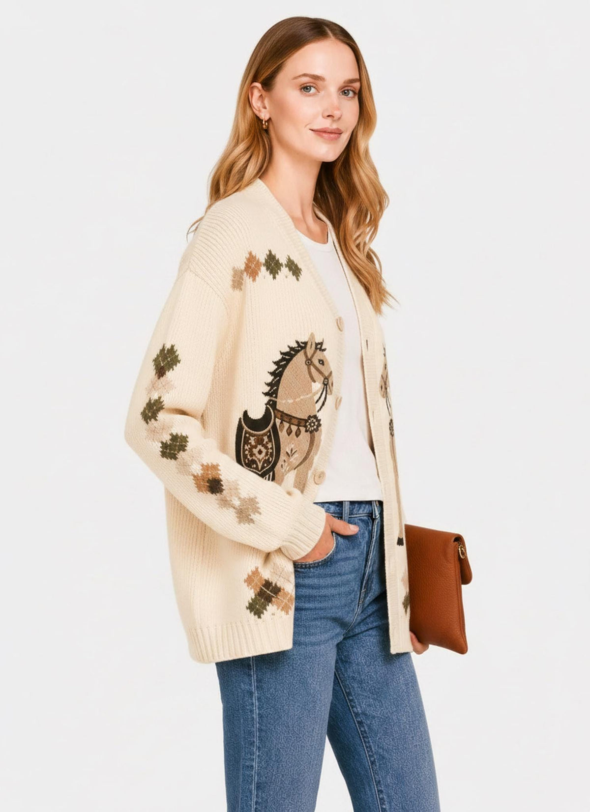Blue Horse Knit Cardigan, Western Button Front Sweater, Ribbed Fall Layering Top