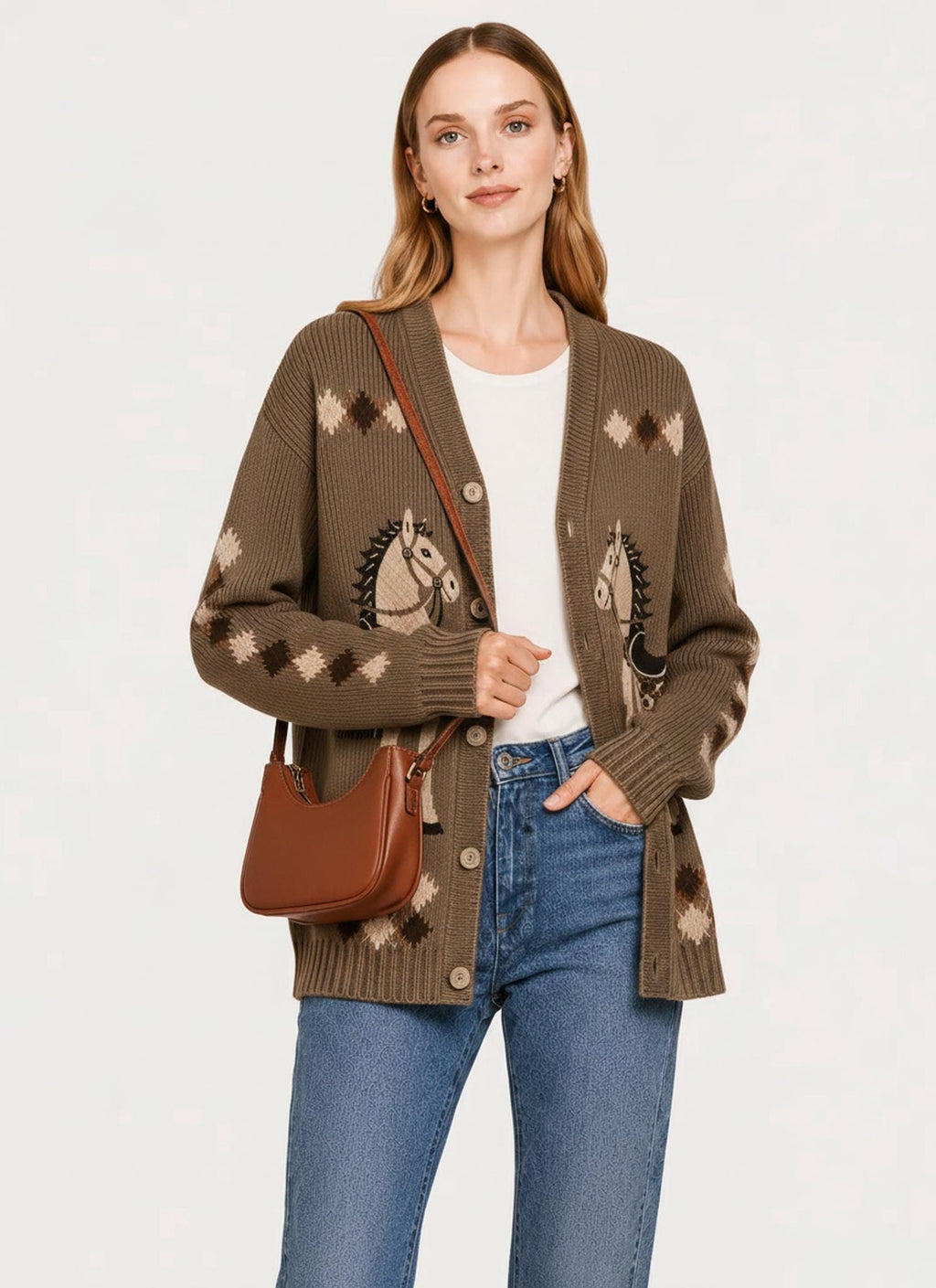 Blue Horse Knit Cardigan, Western Button Front Sweater, Ribbed Fall Layering Top