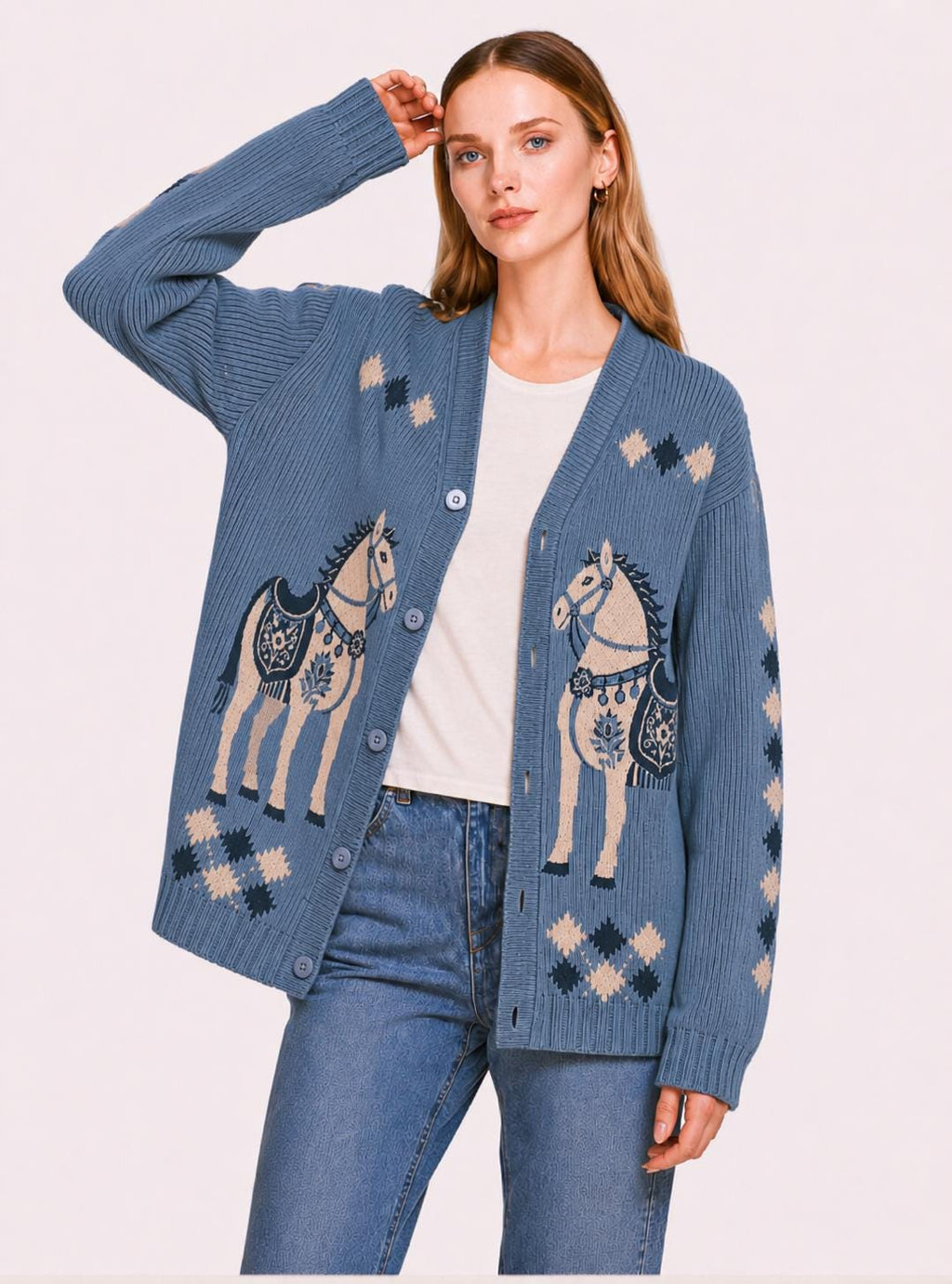 Blue Horse Knit Cardigan, Western Button Front Sweater, Ribbed Fall Layering Top
