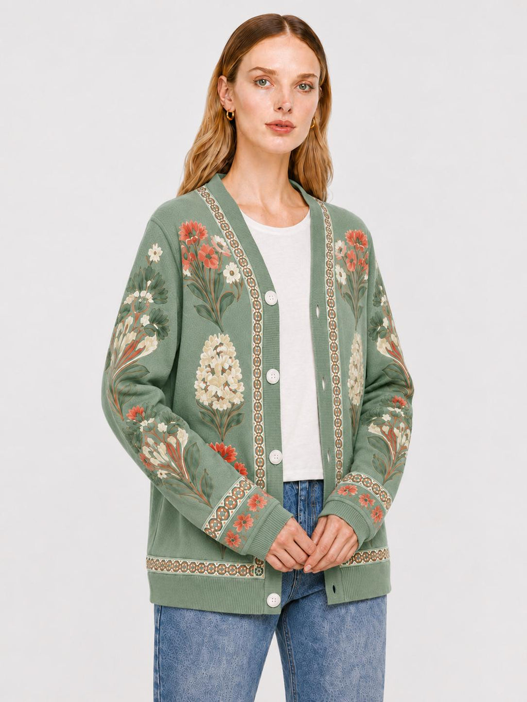 Sage Green Floral Cardigan with Patterned Trim, V-Neck and Button Front