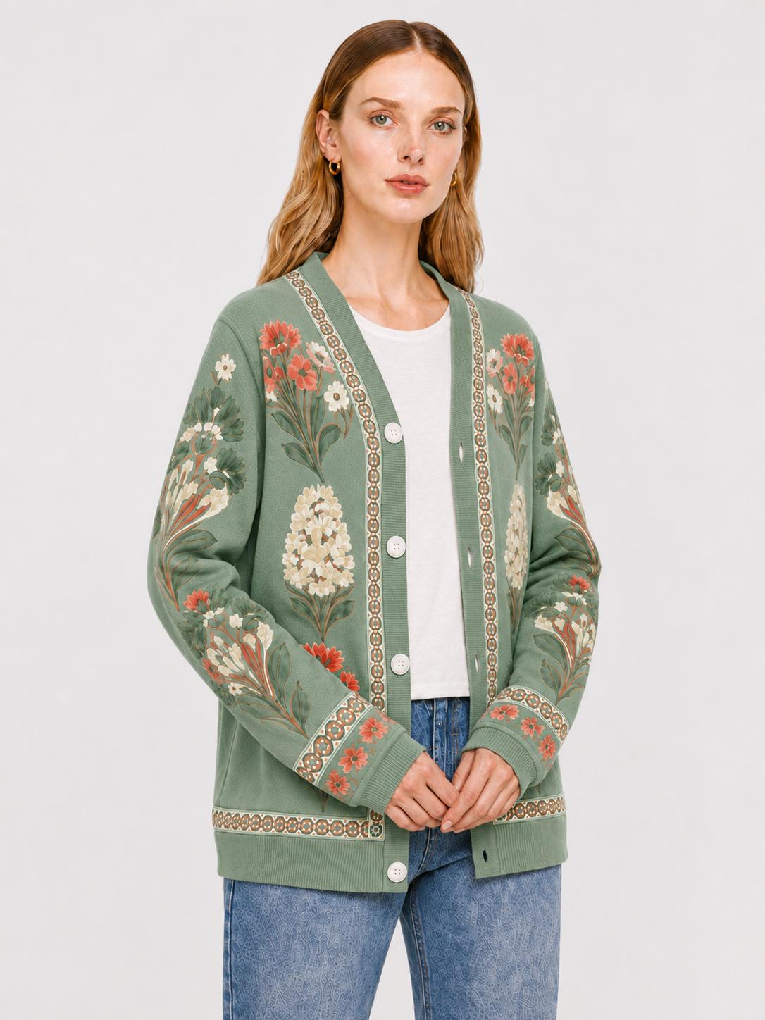 Sage Green Floral Cardigan with Patterned Trim, V-Neck and Button Front