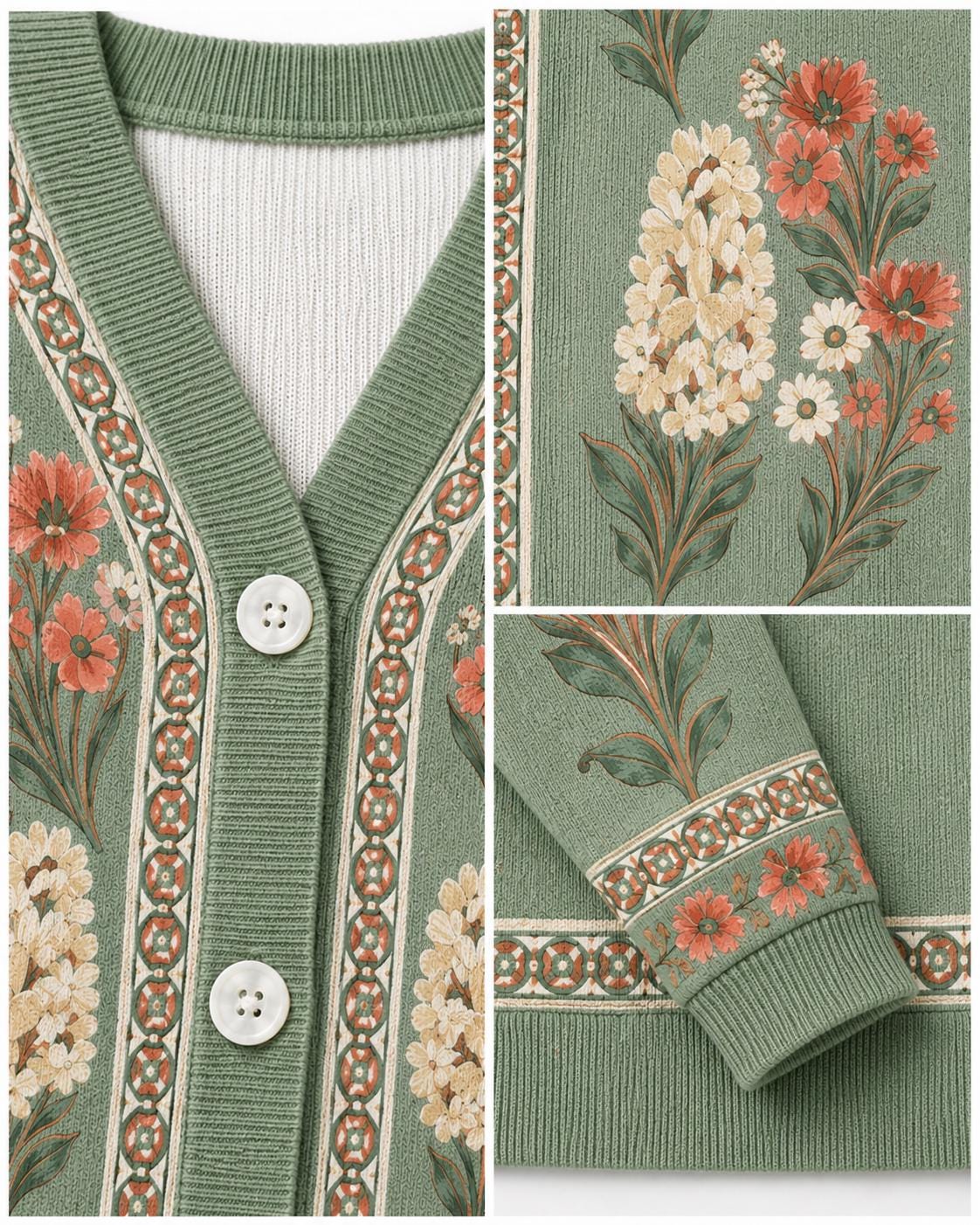 Sage Green Floral Cardigan with Patterned Trim, V-Neck and Button Front