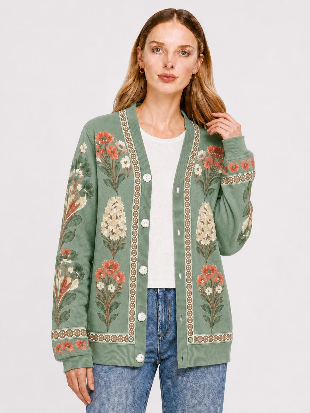 Sage Green Floral Cardigan with Patterned Trim, V-Neck and Button Front