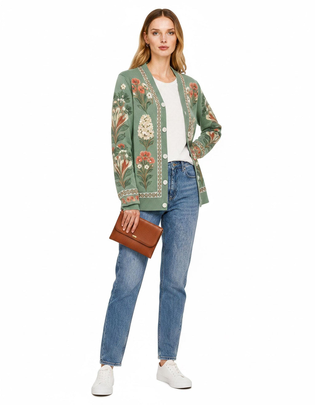 Sage Green Floral Cardigan with Patterned Trim, V-Neck and Button Front