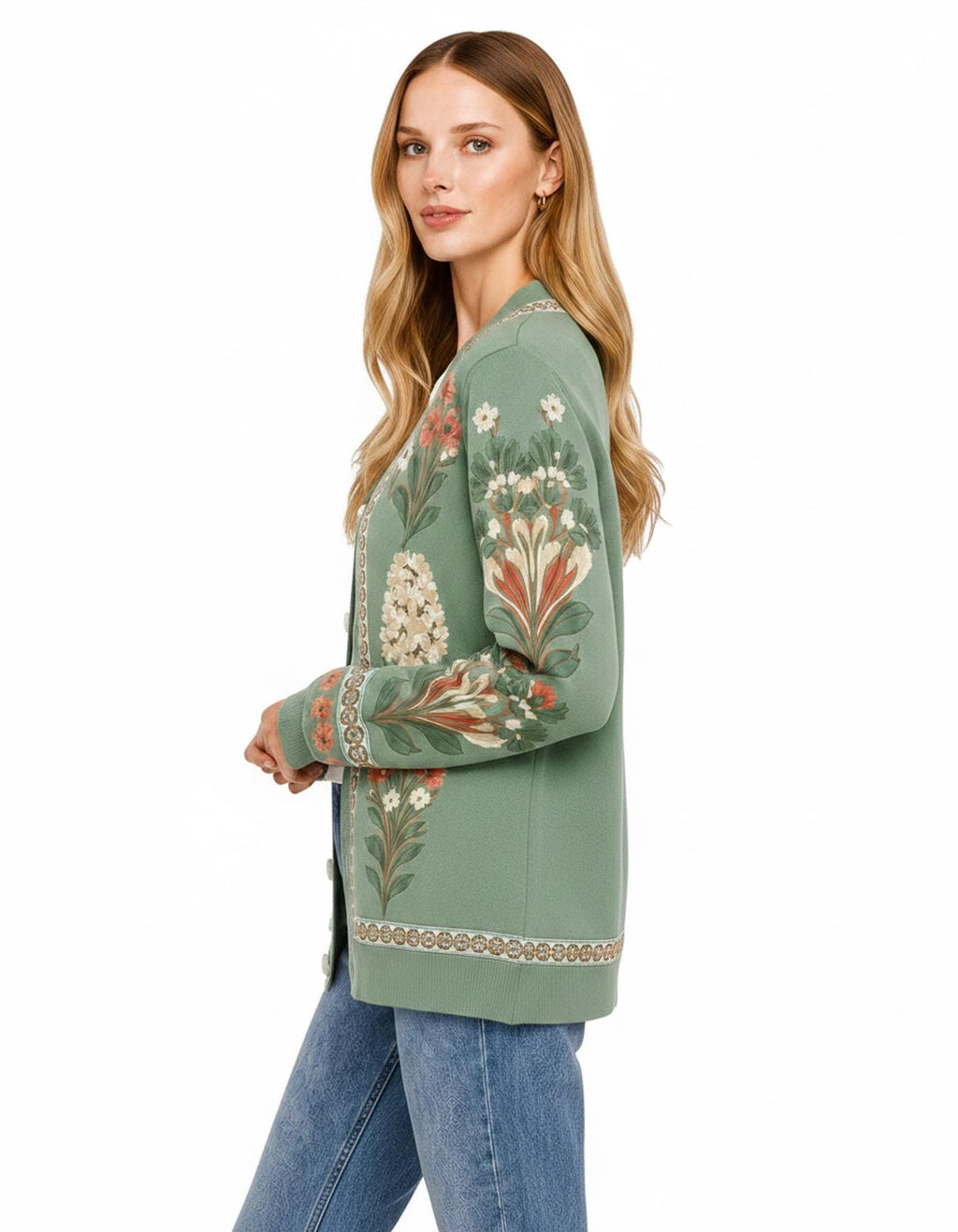 Sage Green Floral Cardigan with Patterned Trim, V-Neck and Button Front