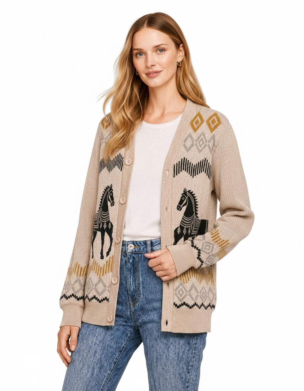 Beige Horse Knit Cardigan, Western Button Front Sweater, Diamond Border Detail