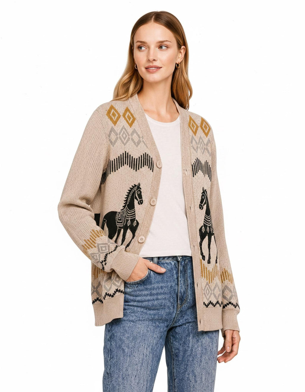 Beige Horse Knit Cardigan, Western Button Front Sweater, Diamond Border Detail