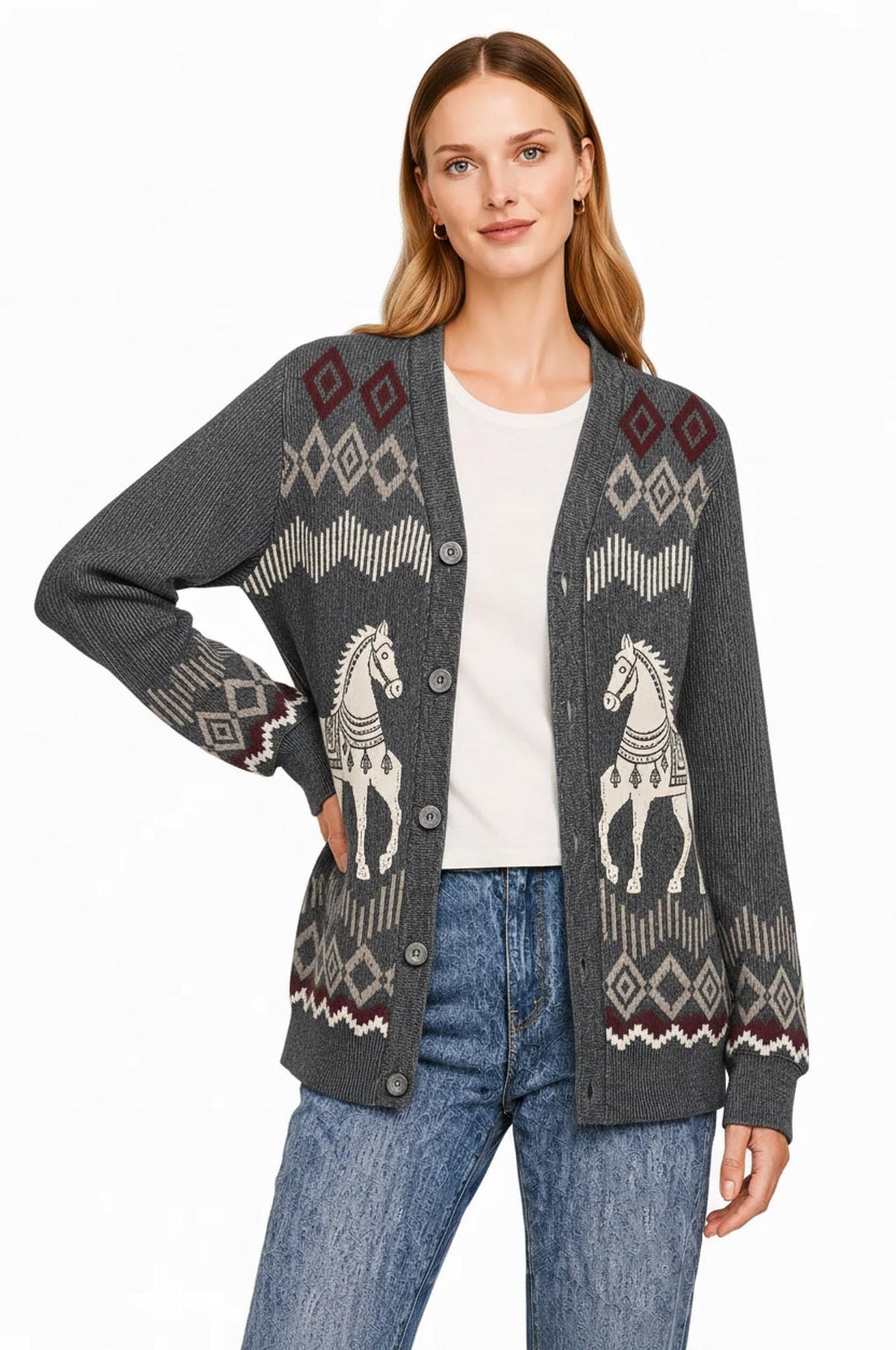 Beige Horse Knit Cardigan, Western Button Front Sweater, Diamond Border Detail