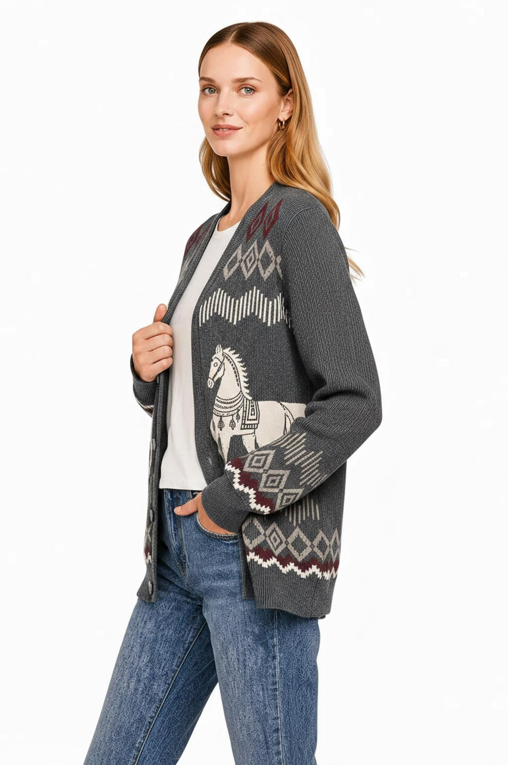Beige Horse Knit Cardigan, Western Button Front Sweater, Diamond Border Detail