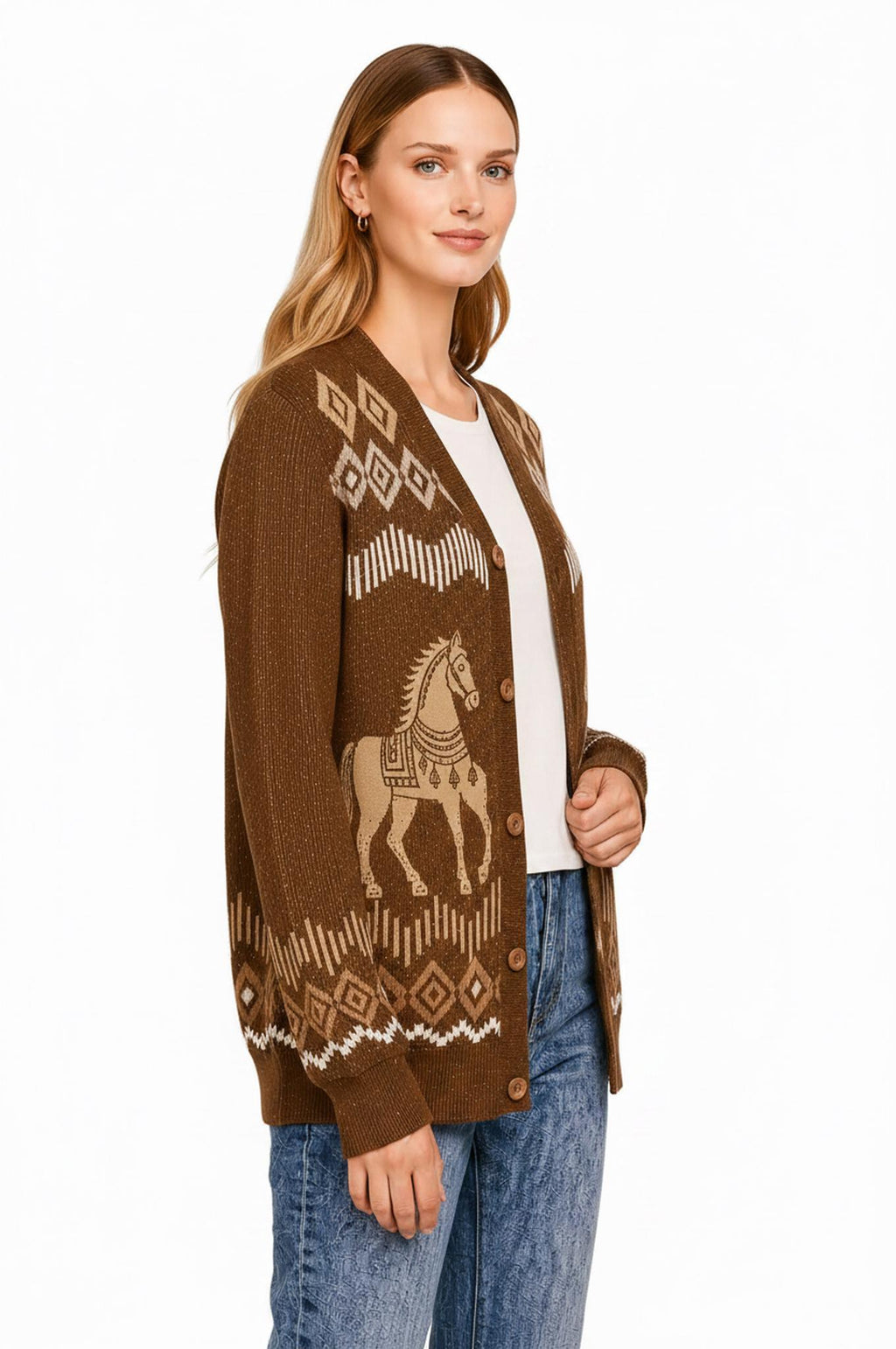 Beige Horse Knit Cardigan, Western Button Front Sweater, Diamond Border Detail