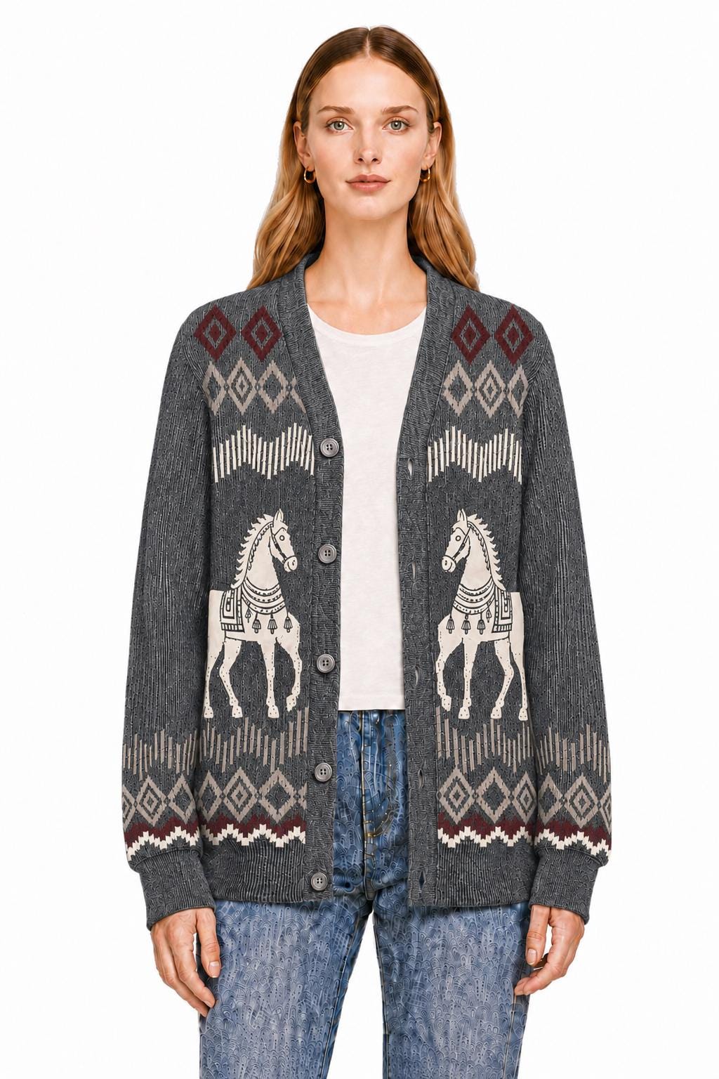 Beige Horse Knit Cardigan, Western Button Front Sweater, Diamond Border Detail