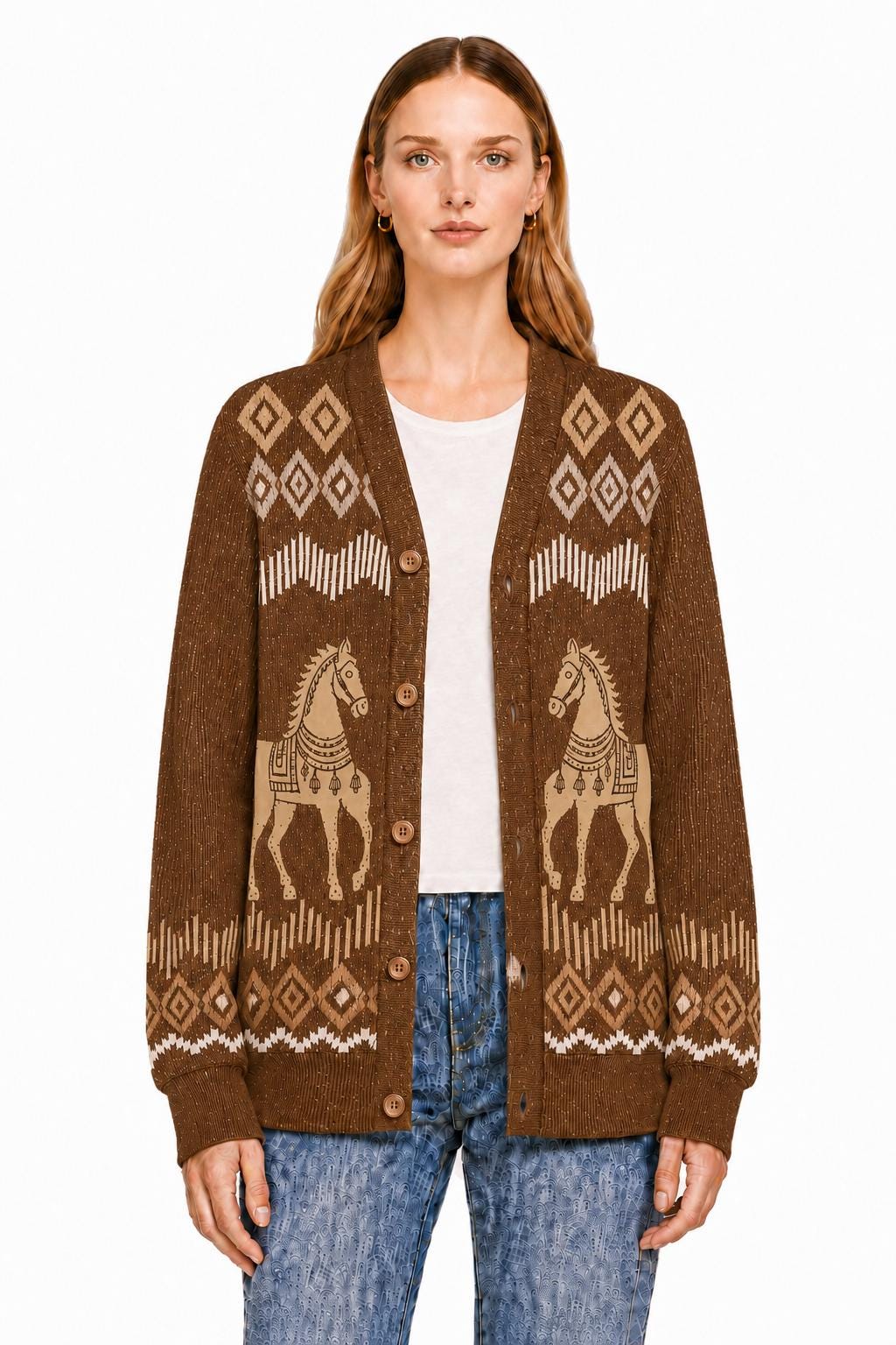 Beige Horse Knit Cardigan, Western Button Front Sweater, Diamond Border Detail