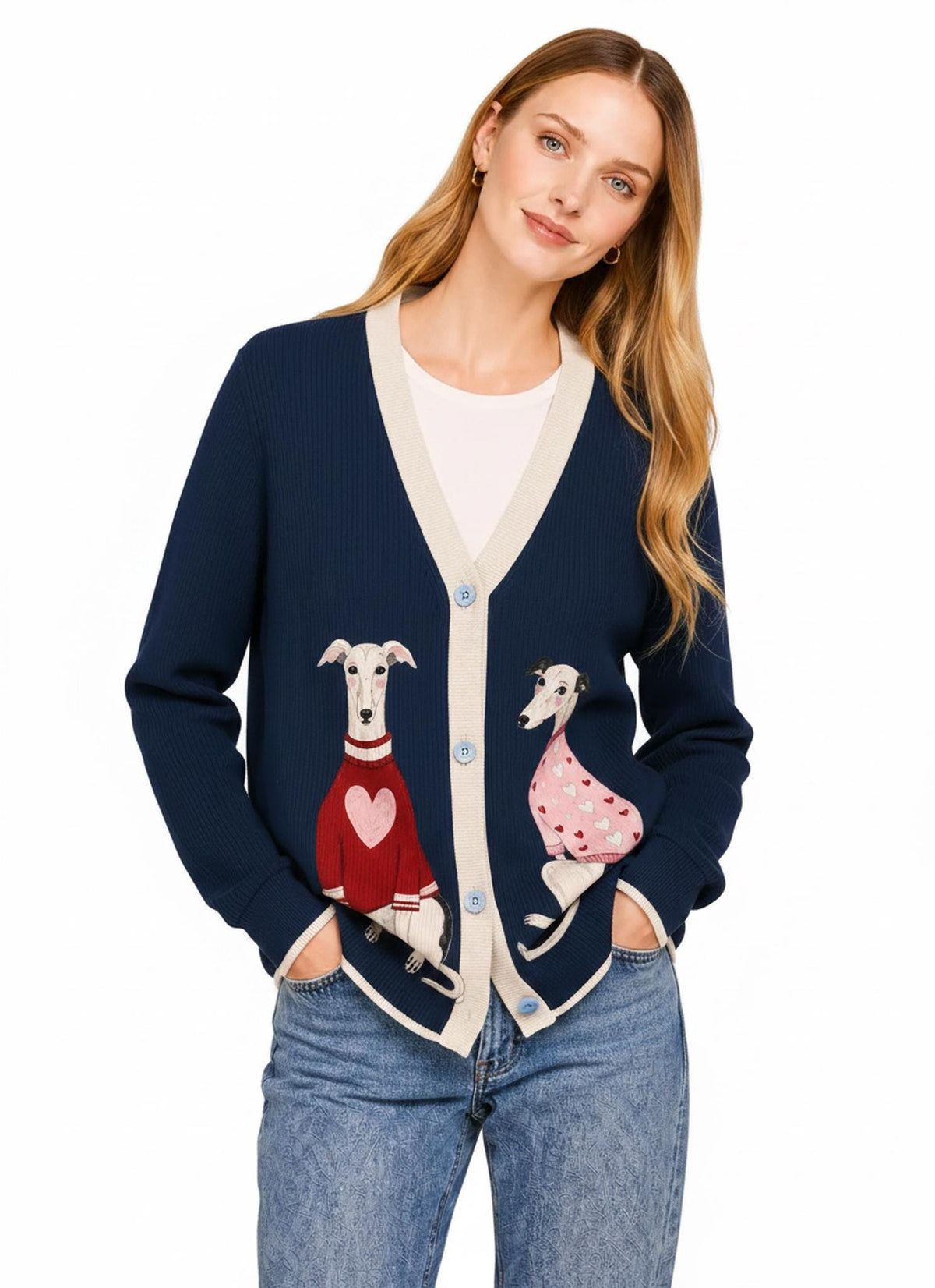 Navy Dog Knit Cardigan, Whippet Greyhound Sweater, Button Front Layering Top