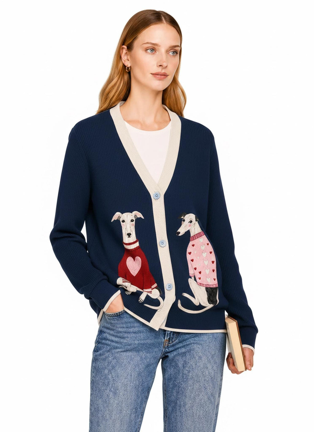 Navy Dog Knit Cardigan, Whippet Greyhound Sweater, Button Front Layering Top
