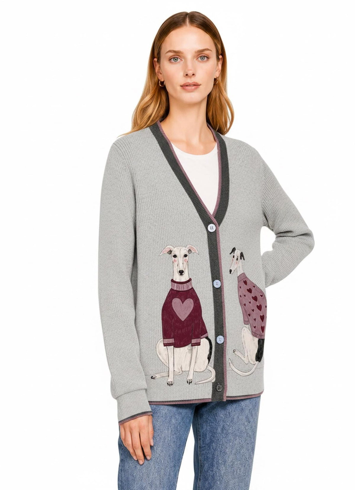 Gray Dog Knit Cardigan, Whippet Greyhound Sweater, Button Front Layering Top
