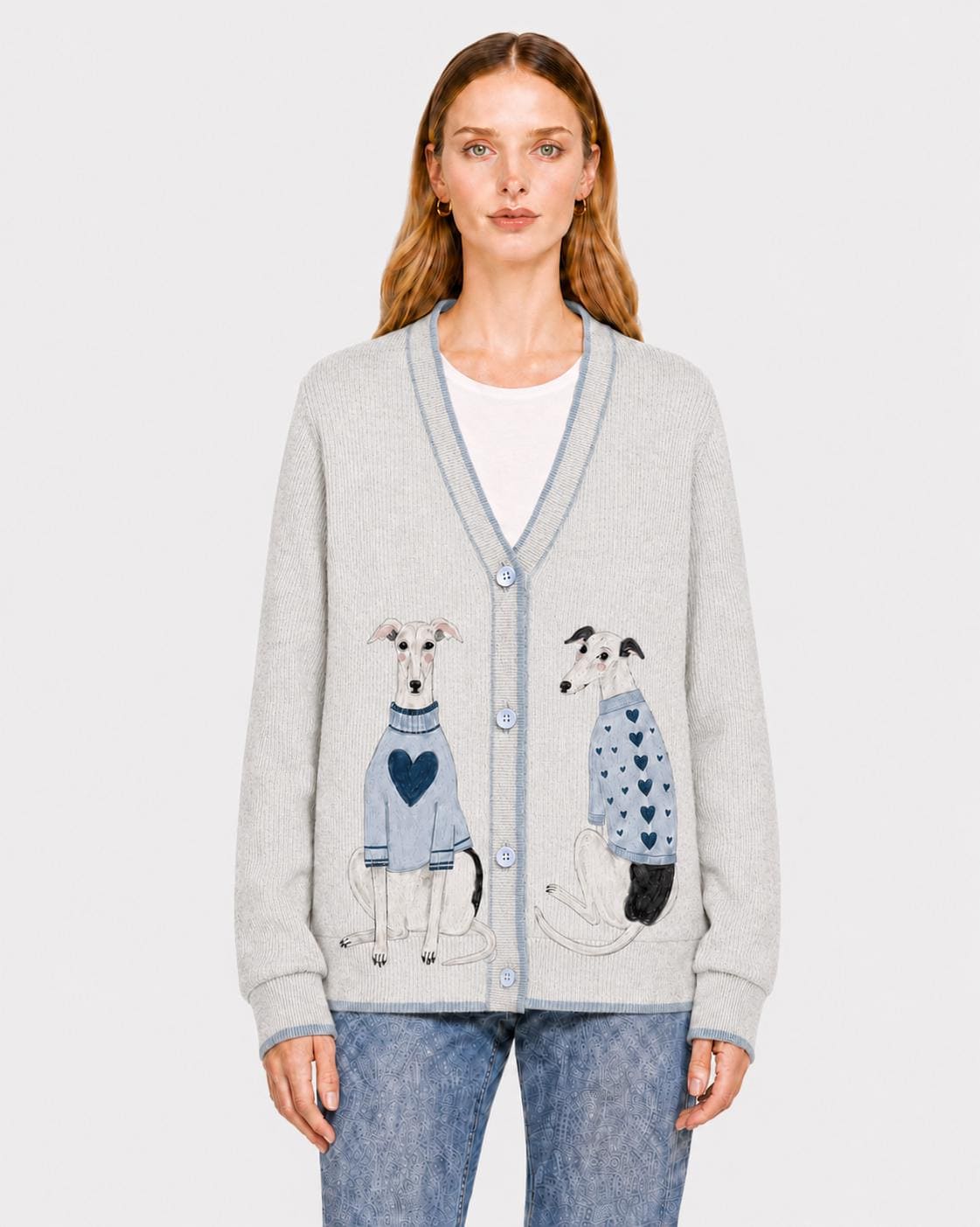 Gray Dog Knit Cardigan, Whippet Greyhound Sweater, Button Front Layering Top