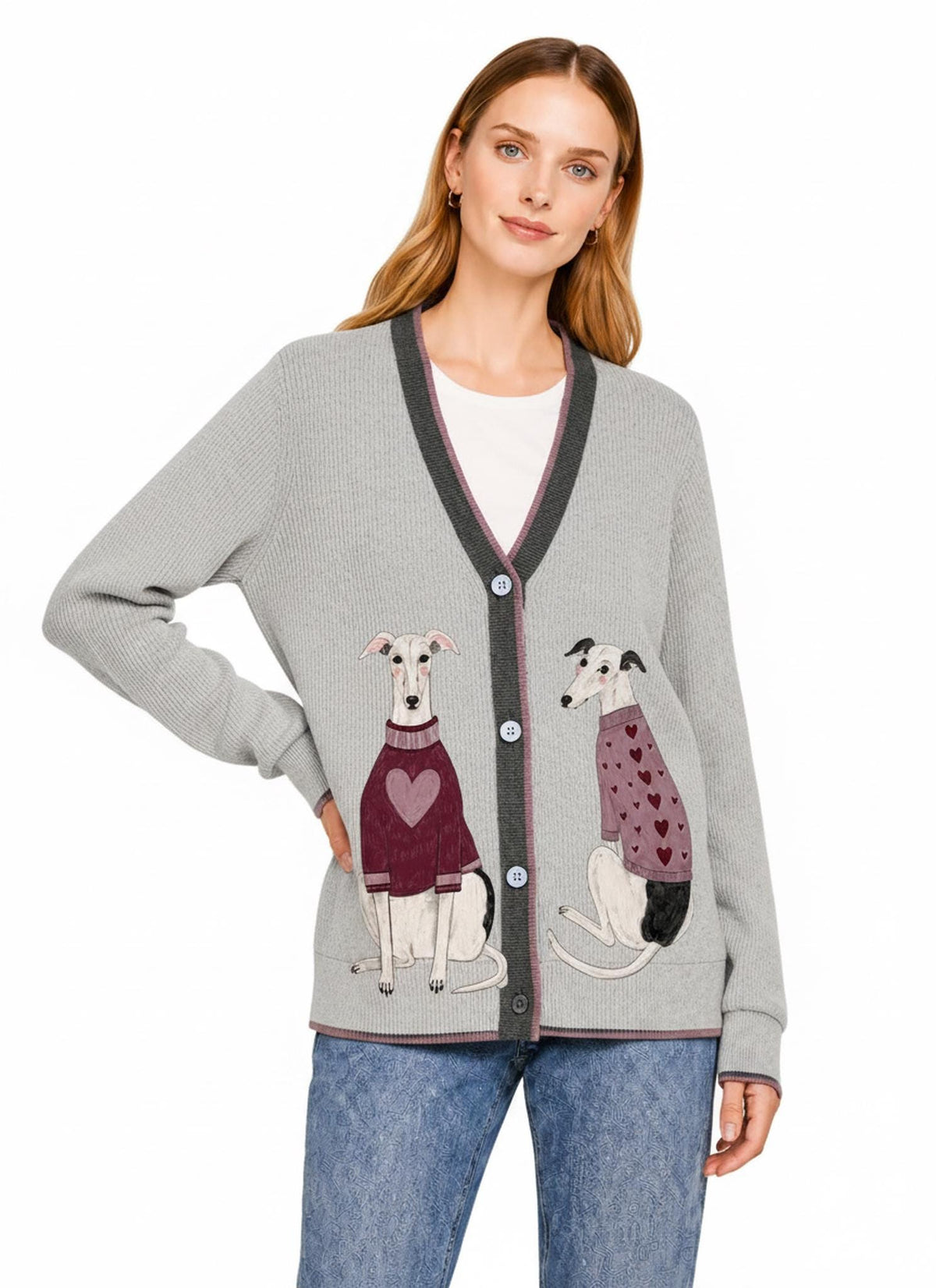Gray Dog Knit Cardigan, Whippet Greyhound Sweater, Button Front Layering Top