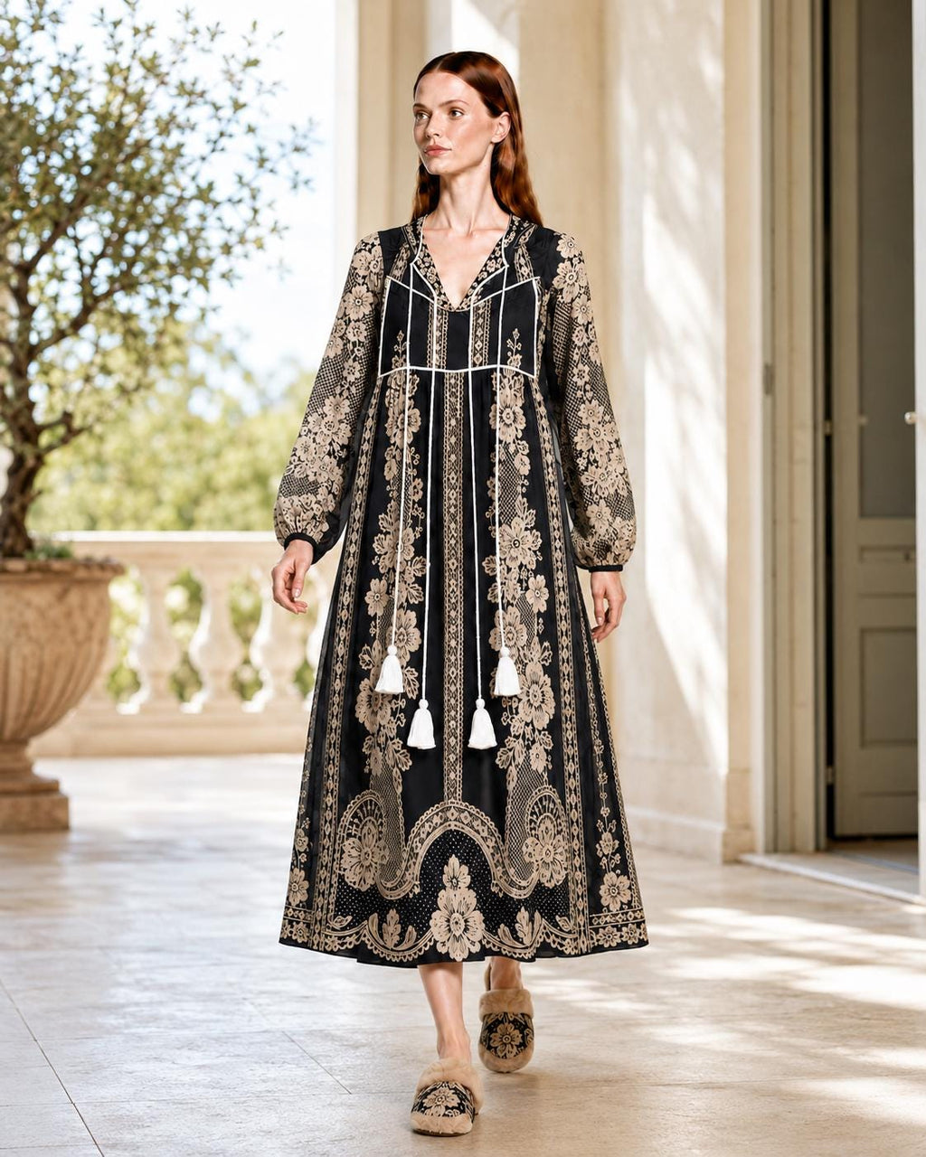 Black Lace Look Maxi Dress, Long Sleeve Boho Tassel Tie A-Line Vacation Resort Dress