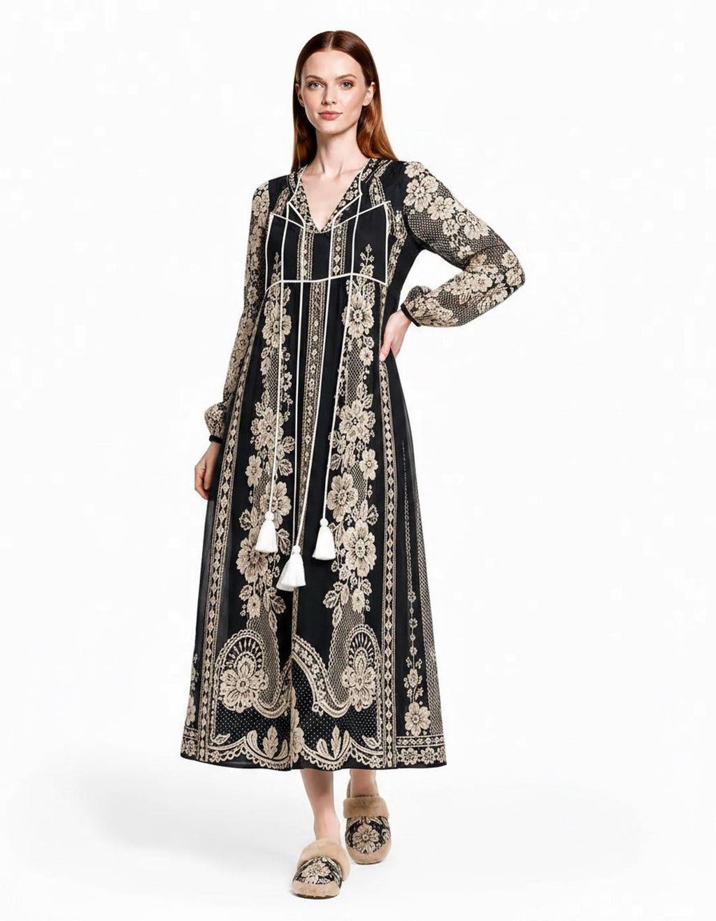 Black Lace Look Maxi Dress, Long Sleeve Boho Tassel Tie A-Line Vacation Resort Dress