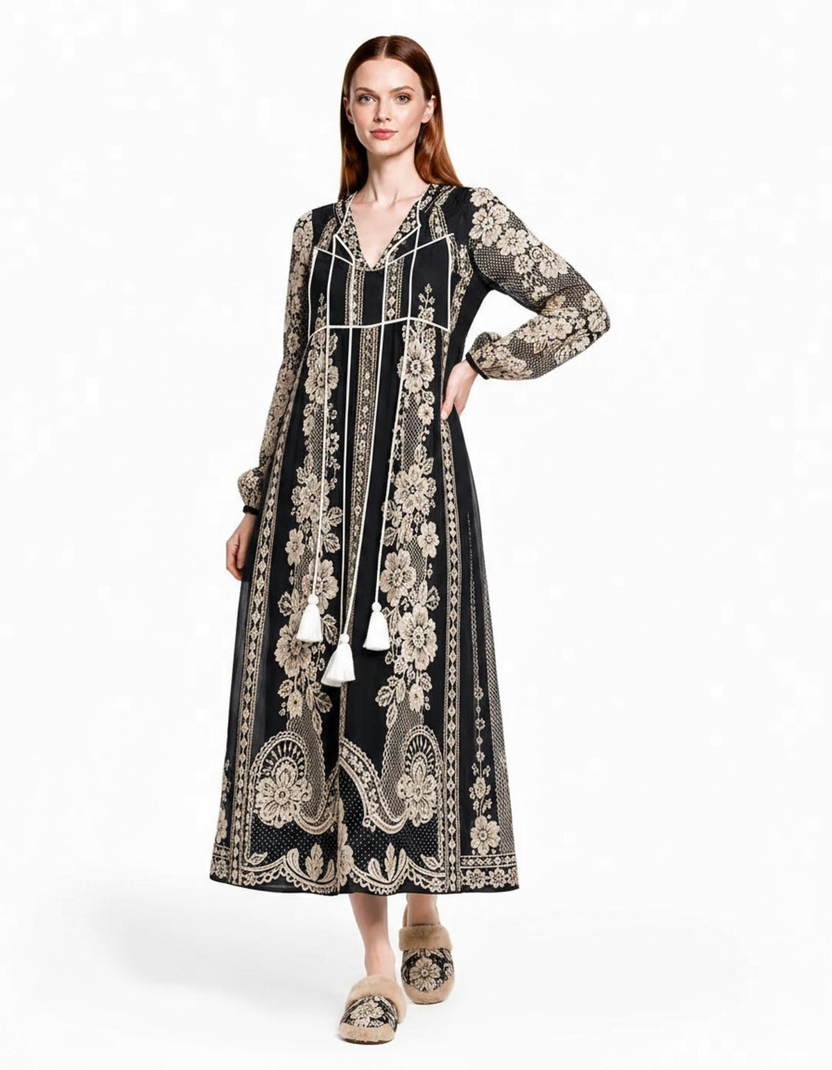 Black Lace Look Maxi Dress, Long Sleeve Boho Tassel Tie A-Line Vacation Resort Dress