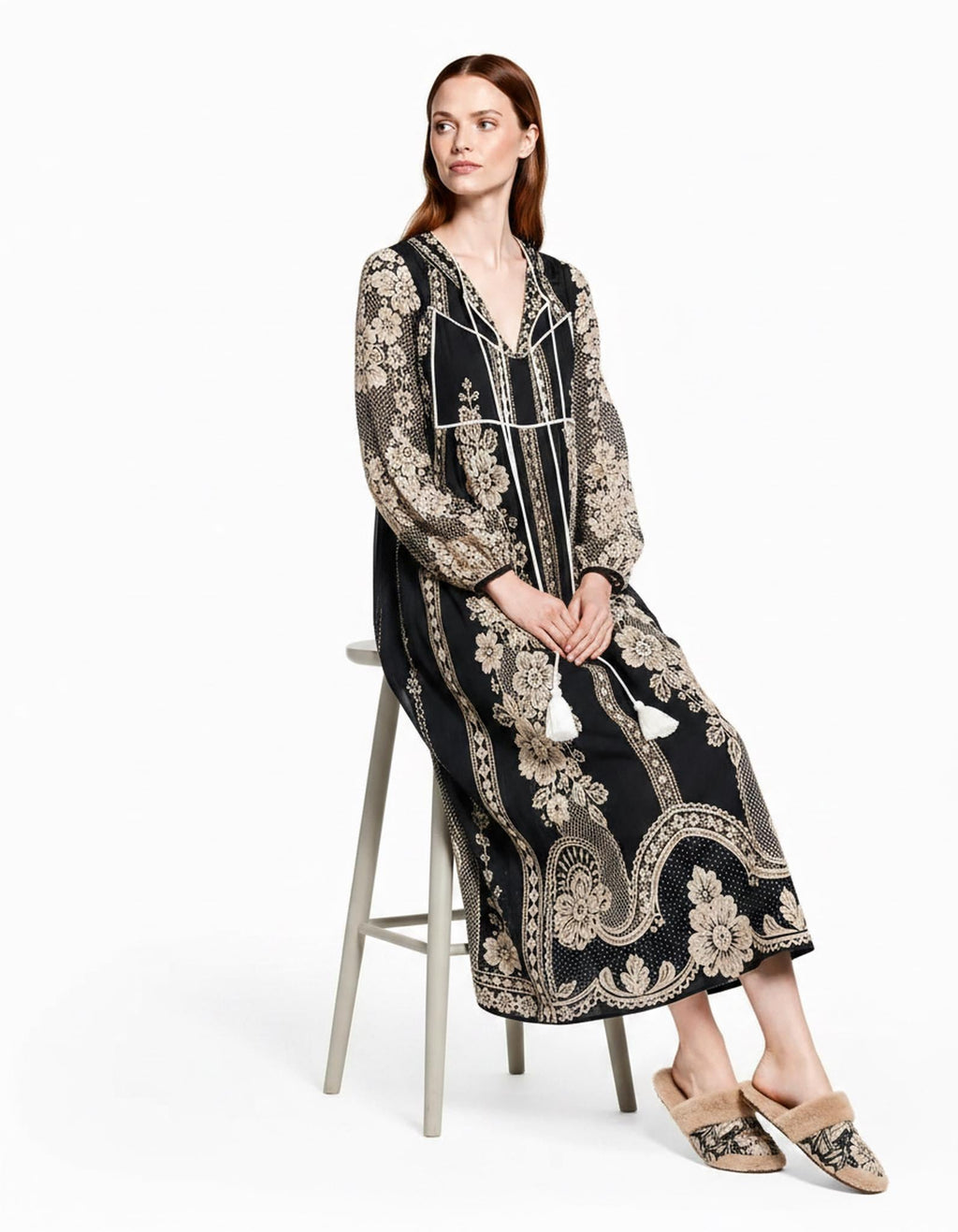 Black Lace Look Maxi Dress, Long Sleeve Boho Tassel Tie A-Line Vacation Resort Dress