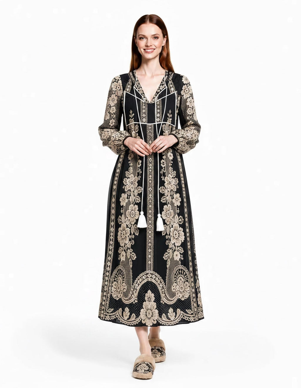 Black Lace Look Maxi Dress, Long Sleeve Boho Tassel Tie A-Line Vacation Resort Dress