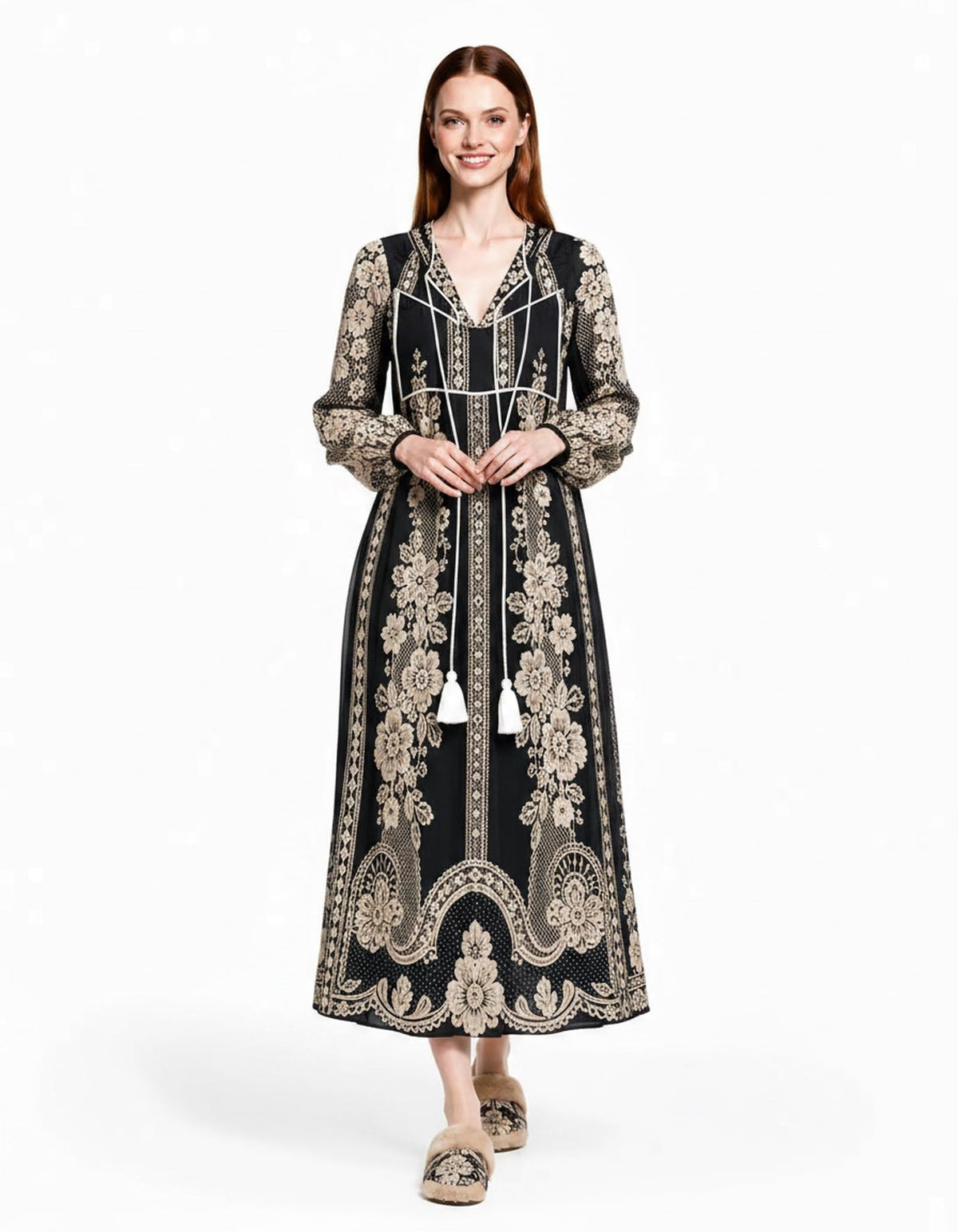 Black Lace Look Maxi Dress, Long Sleeve Boho Tassel Tie A-Line Vacation Resort Dress