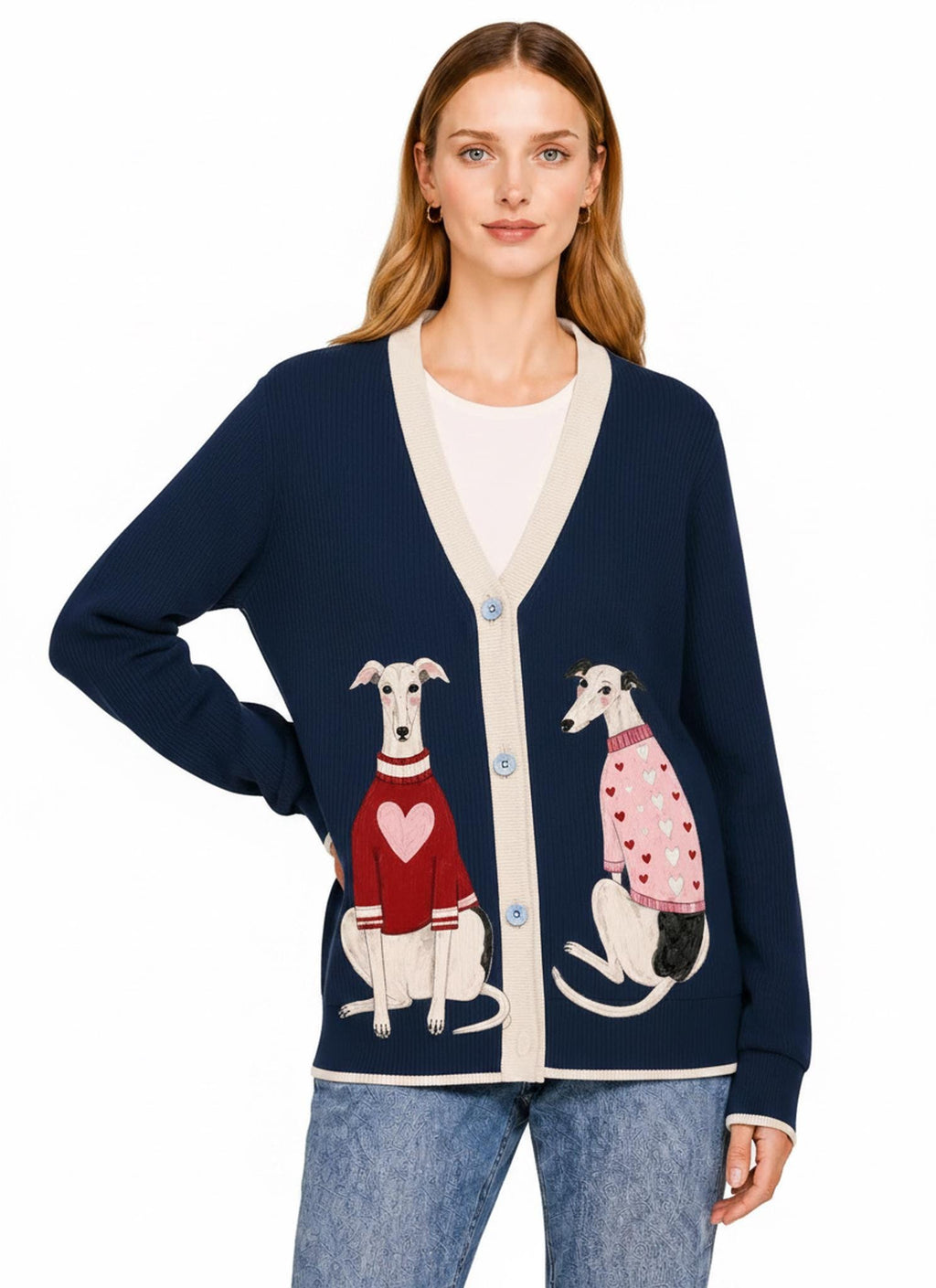 Navy Dog Knit Cardigan, Whippet Greyhound Sweater, Button Front Layering Top