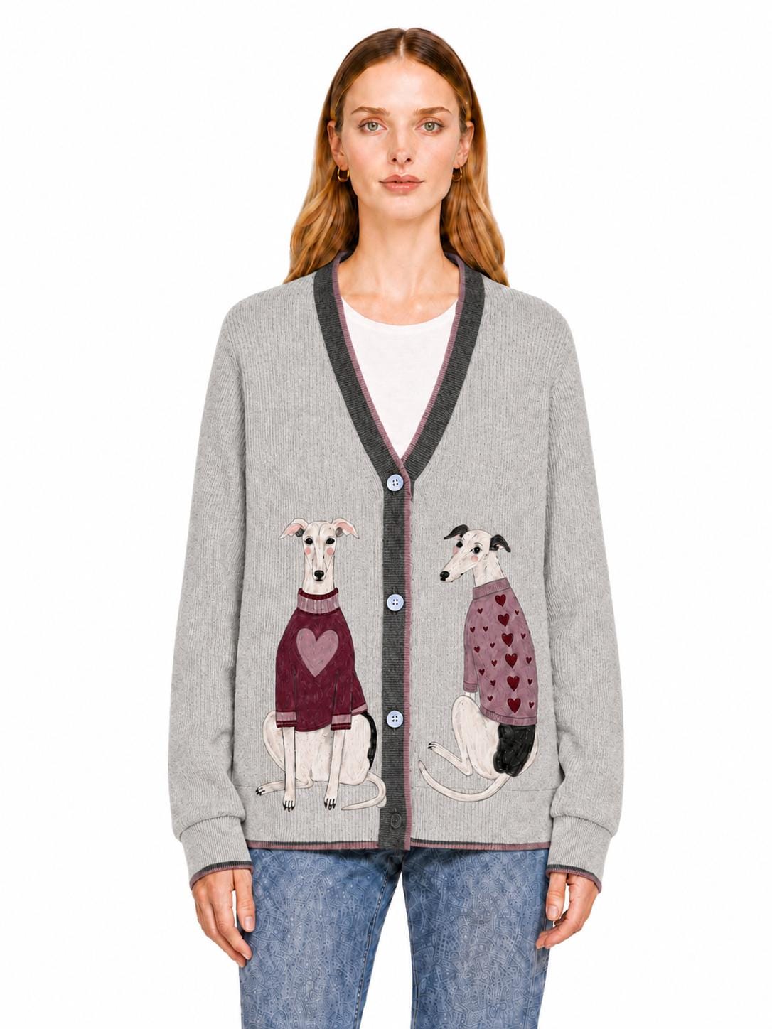 Gray Dog Knit Cardigan, Whippet Greyhound Sweater, Button Front Layering Top