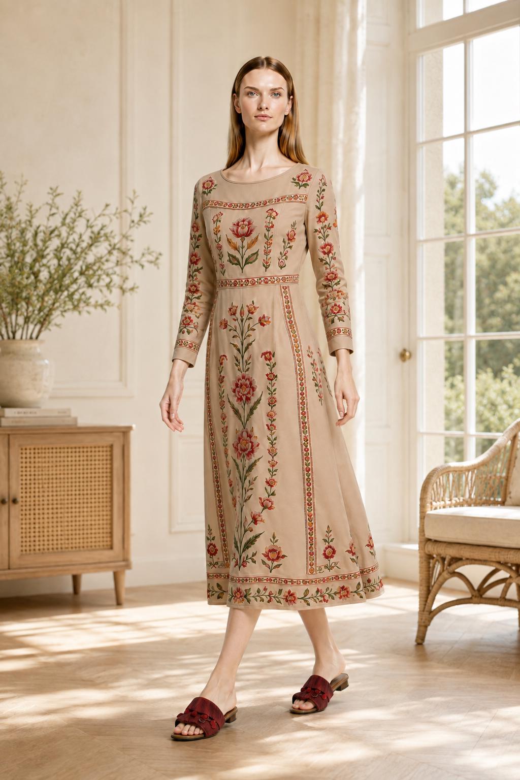 Ivory Floral Maxi Dress, Long Sleeve Folk Print A-Line Dress, Romantic Garden Party Style