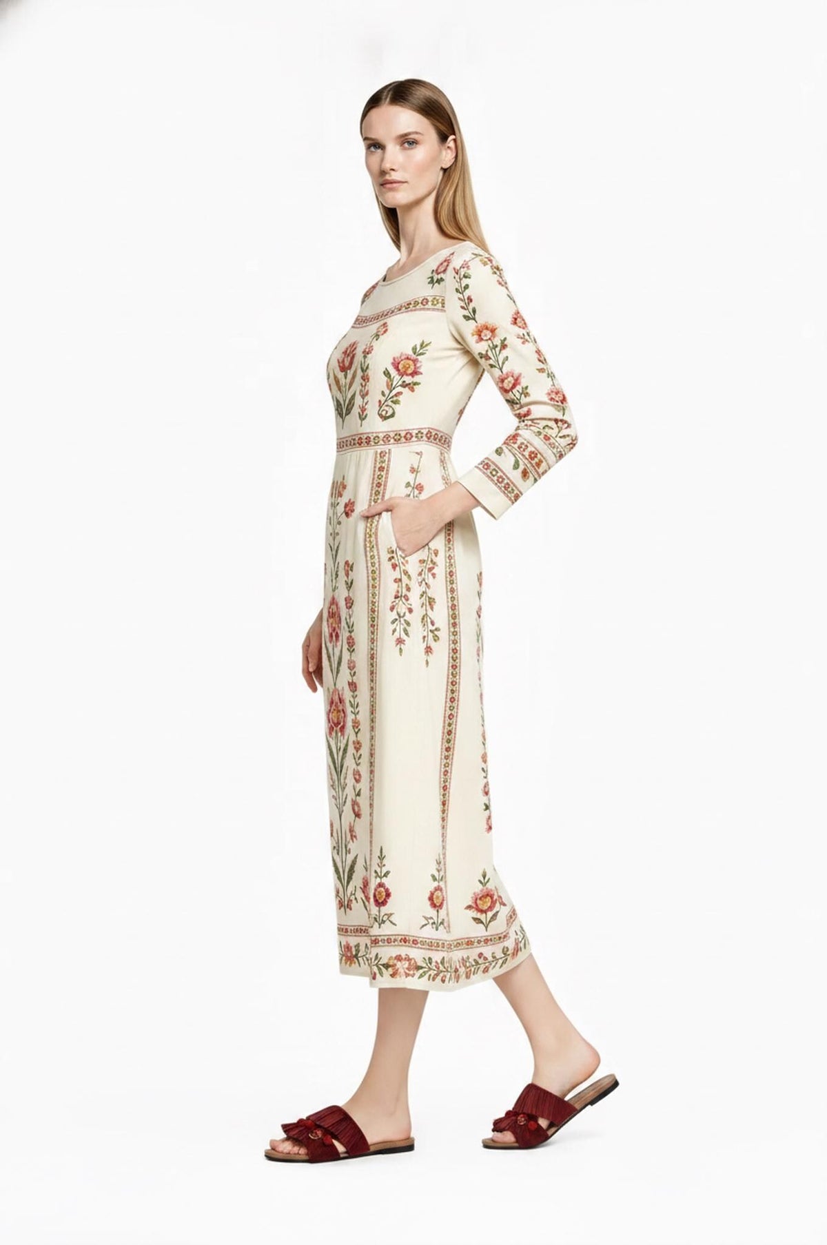 Ivory Floral Maxi Dress, Long Sleeve Folk Print A-Line Dress, Romantic Garden Party Style