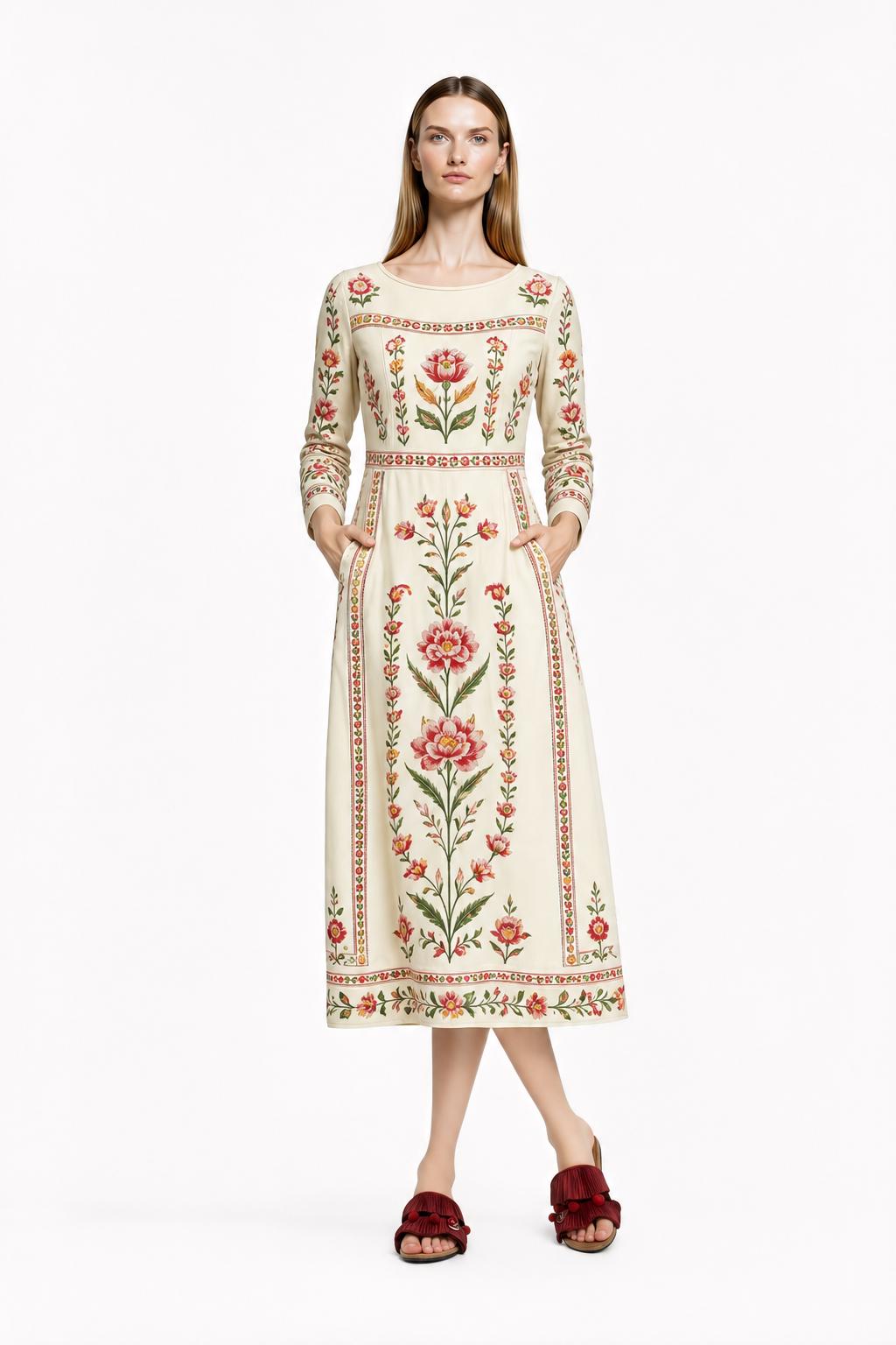 Ivory Floral Maxi Dress, Long Sleeve Folk Print A-Line Dress, Romantic Garden Party Style