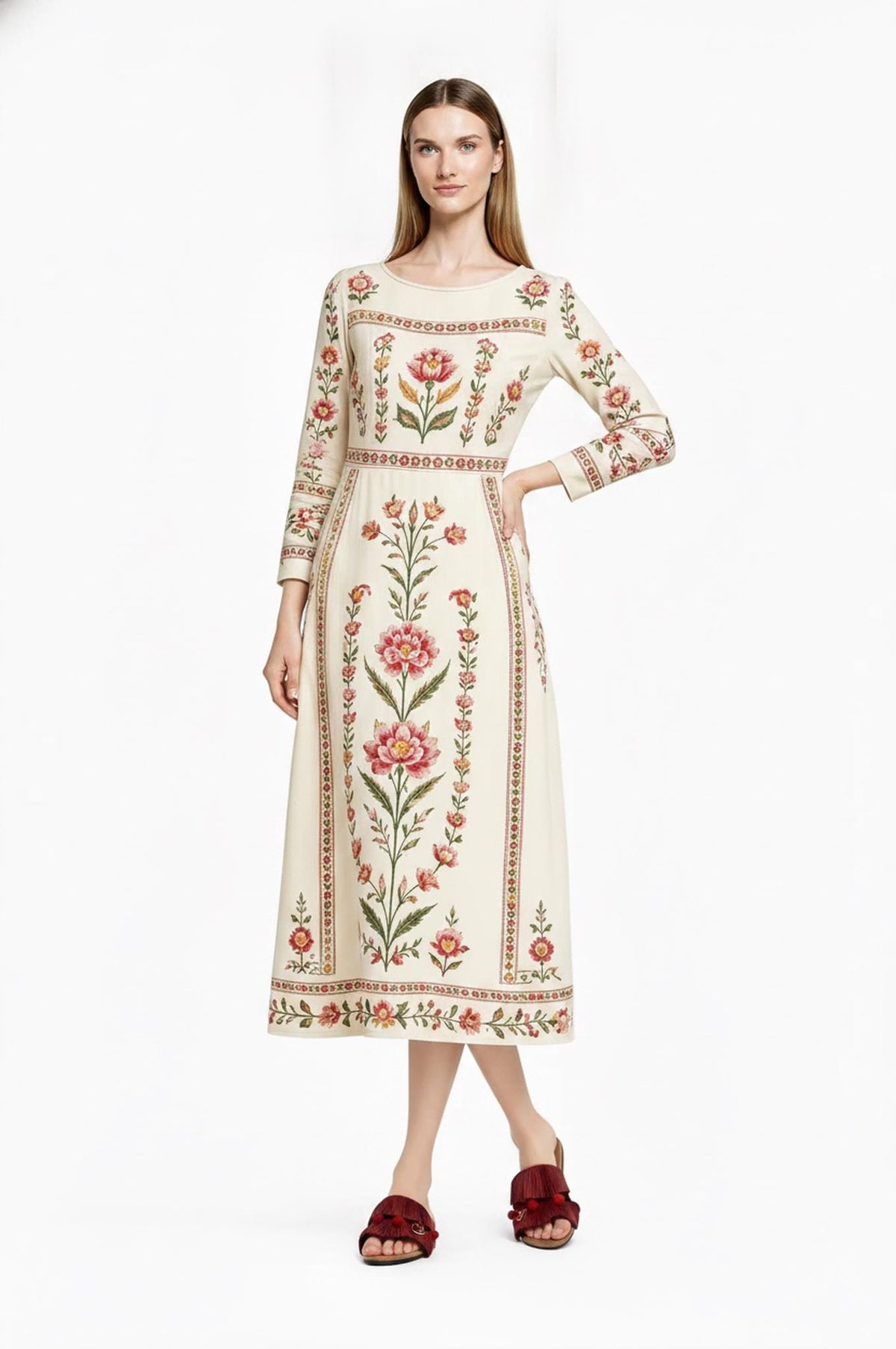 Ivory Floral Maxi Dress, Long Sleeve Folk Print A-Line Dress, Romantic Garden Party Style
