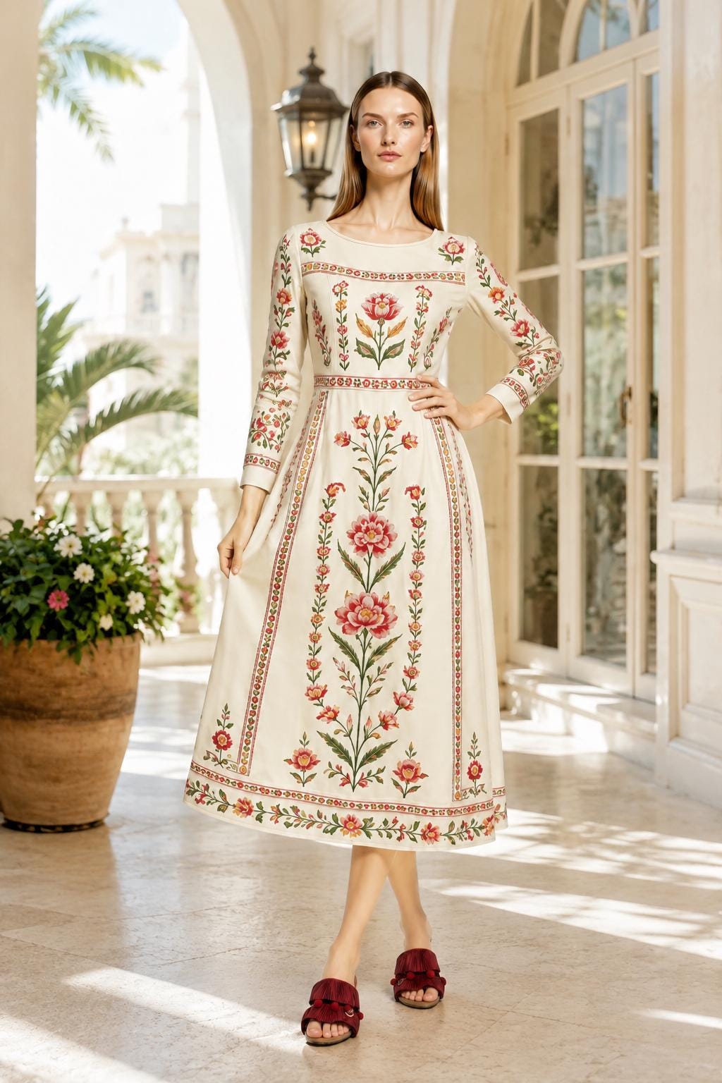 Ivory Floral Maxi Dress, Long Sleeve Folk Print A-Line Dress, Romantic Garden Party Style
