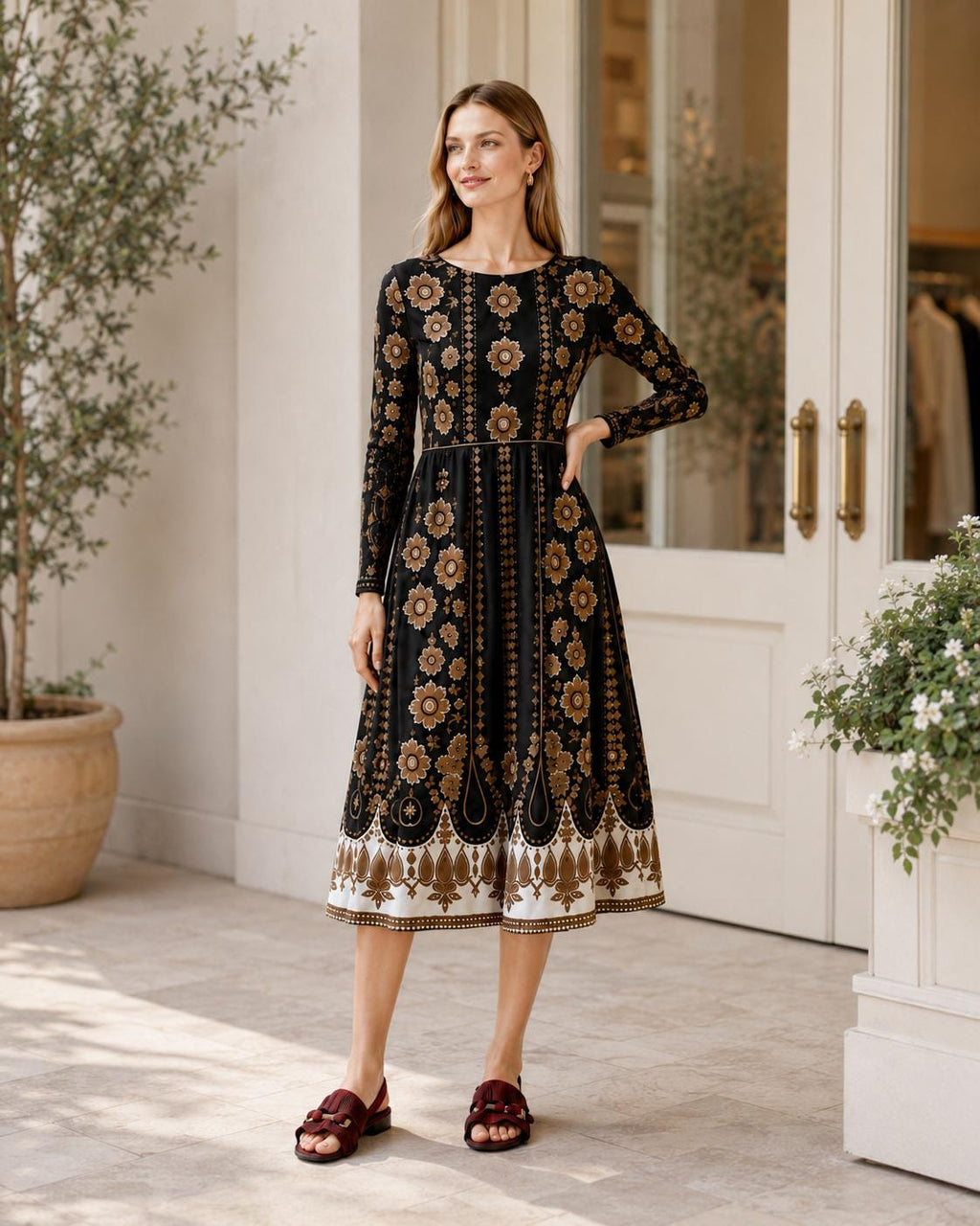 May include: A long-sleeved midi dress featuring a black base with a repeating gold and brown floral pattern. The design includes a fitted bodice, a defined waistline, and a flared skirt that transitions into a white hem with intricate gold detailing.
