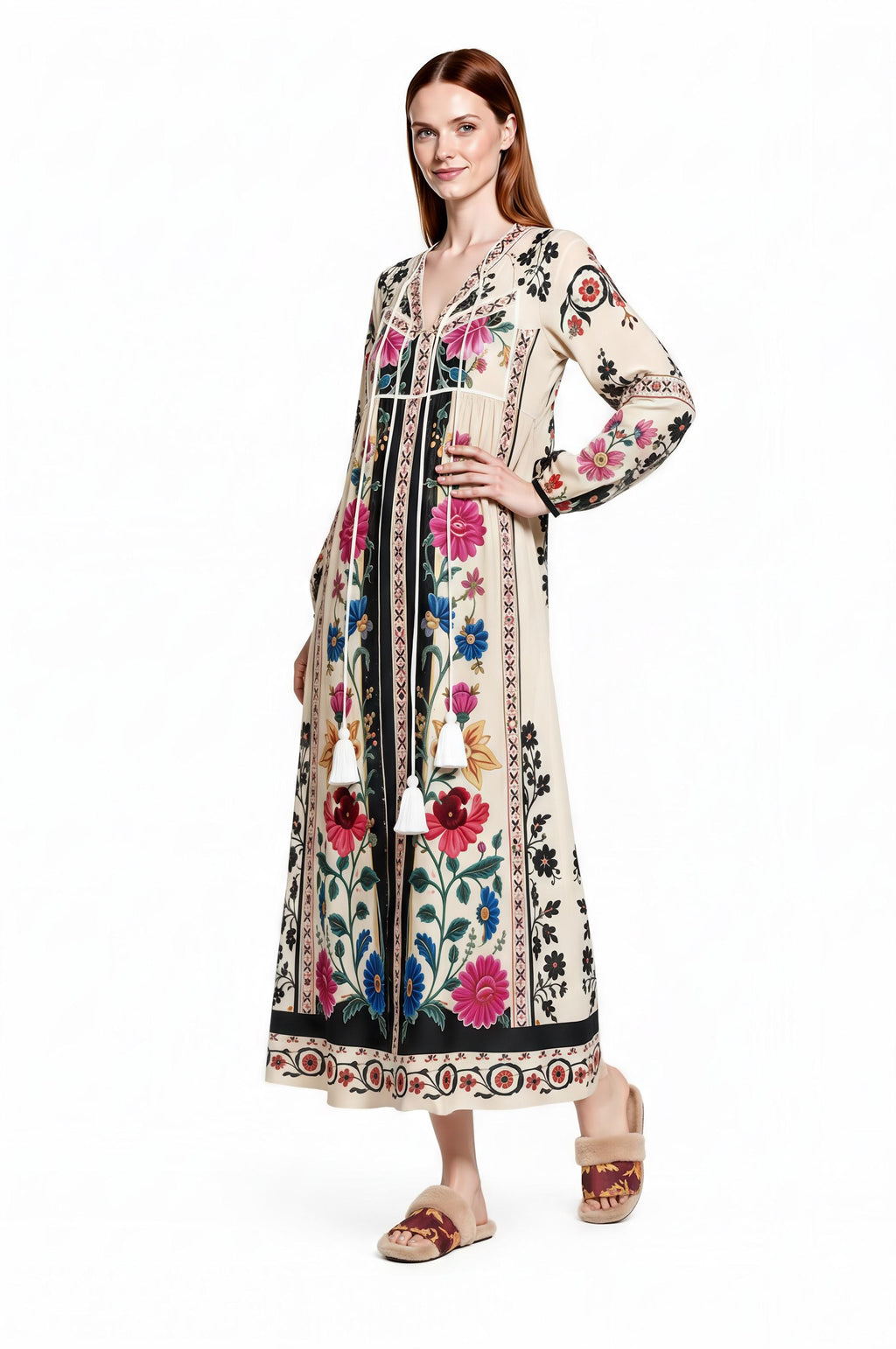 Ivory Floral Maxi Dress with Long Sleeves and Colorful Border Print