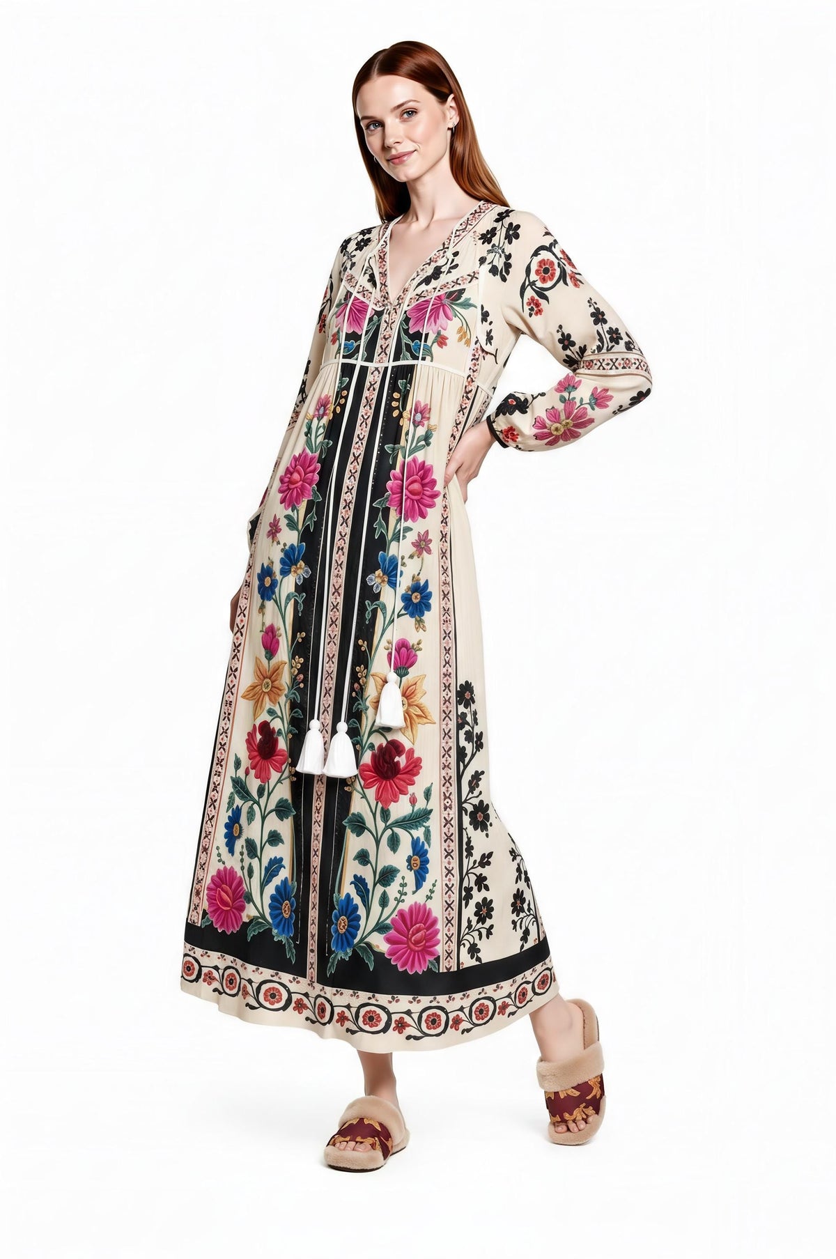 Ivory Floral Maxi Dress with Long Sleeves and Colorful Border Print