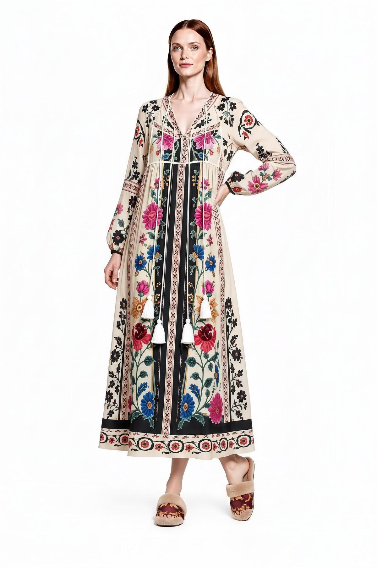 Ivory Floral Maxi Dress with Long Sleeves and Colorful Border Print