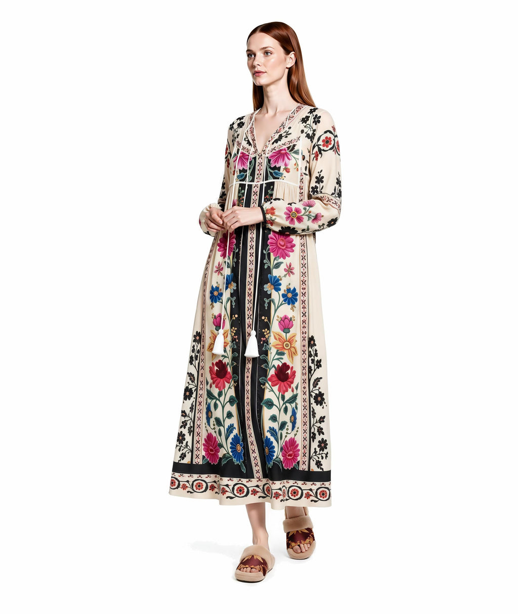 Ivory Floral Maxi Dress with Long Sleeves and Colorful Border Print
