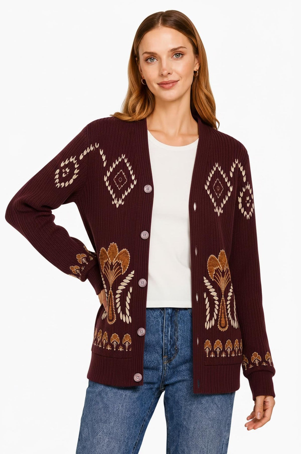 Knit Cardigan, Burgundy Floral Button Front Sweater, Vintage Ribbed Layering Cardigan