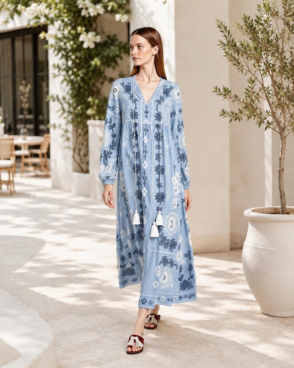 Light Blue Floral Chiffon Maxi Dress, Long Sleeve Tassel Tie Resort Wear