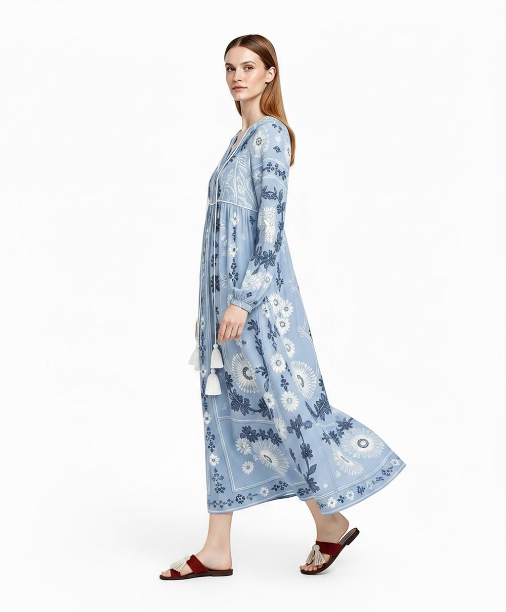 Light Blue Floral Chiffon Maxi Dress, Long Sleeve Tassel Tie Resort Wear