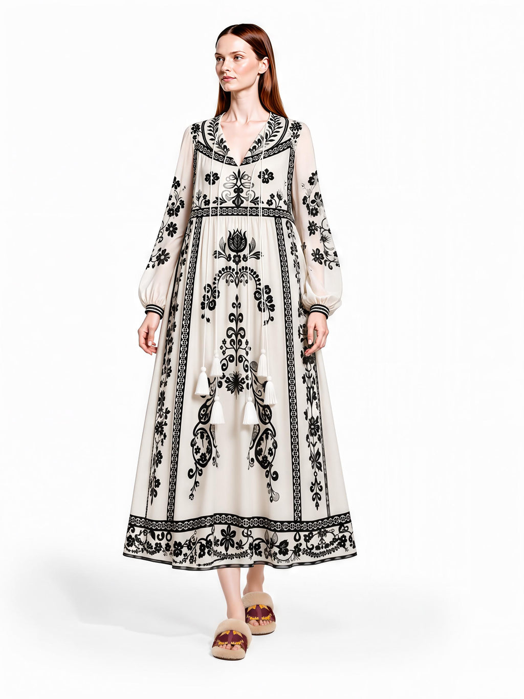 Ivory and Black Floral Maxi Dress with Long Sleeves and Border Print