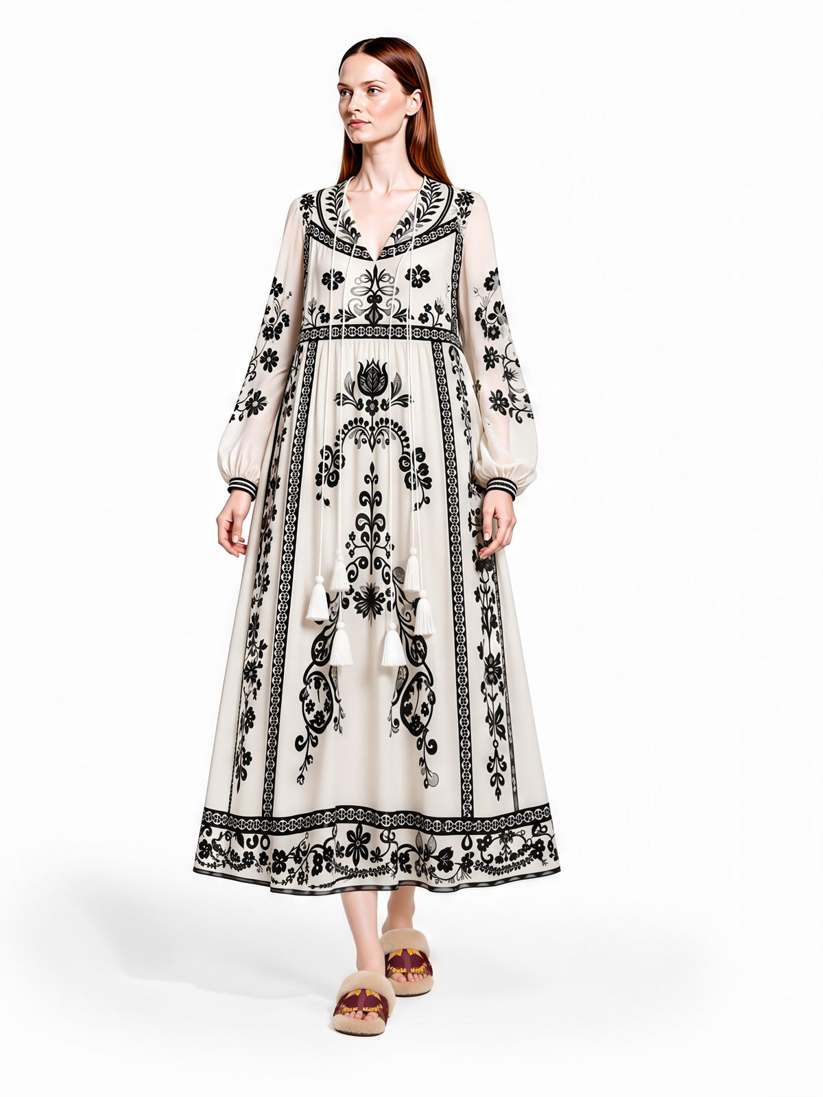 Ivory and Black Floral Maxi Dress with Long Sleeves and Border Print