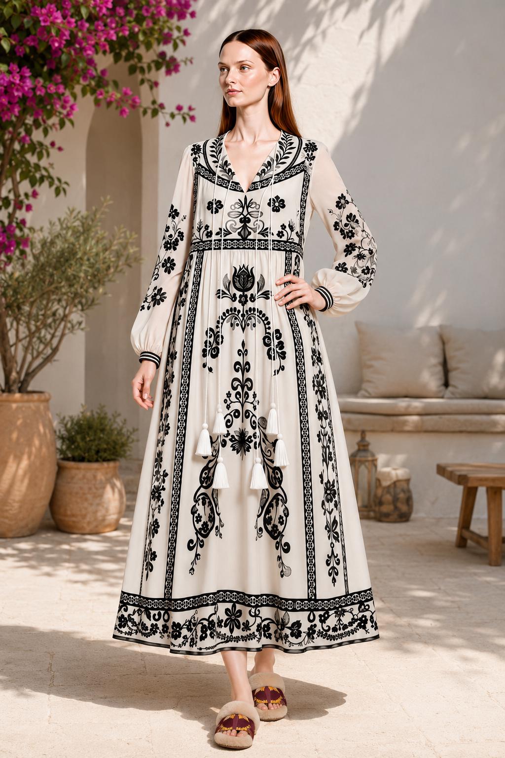 Ivory and Black Floral Maxi Dress with Long Sleeves and Border Print